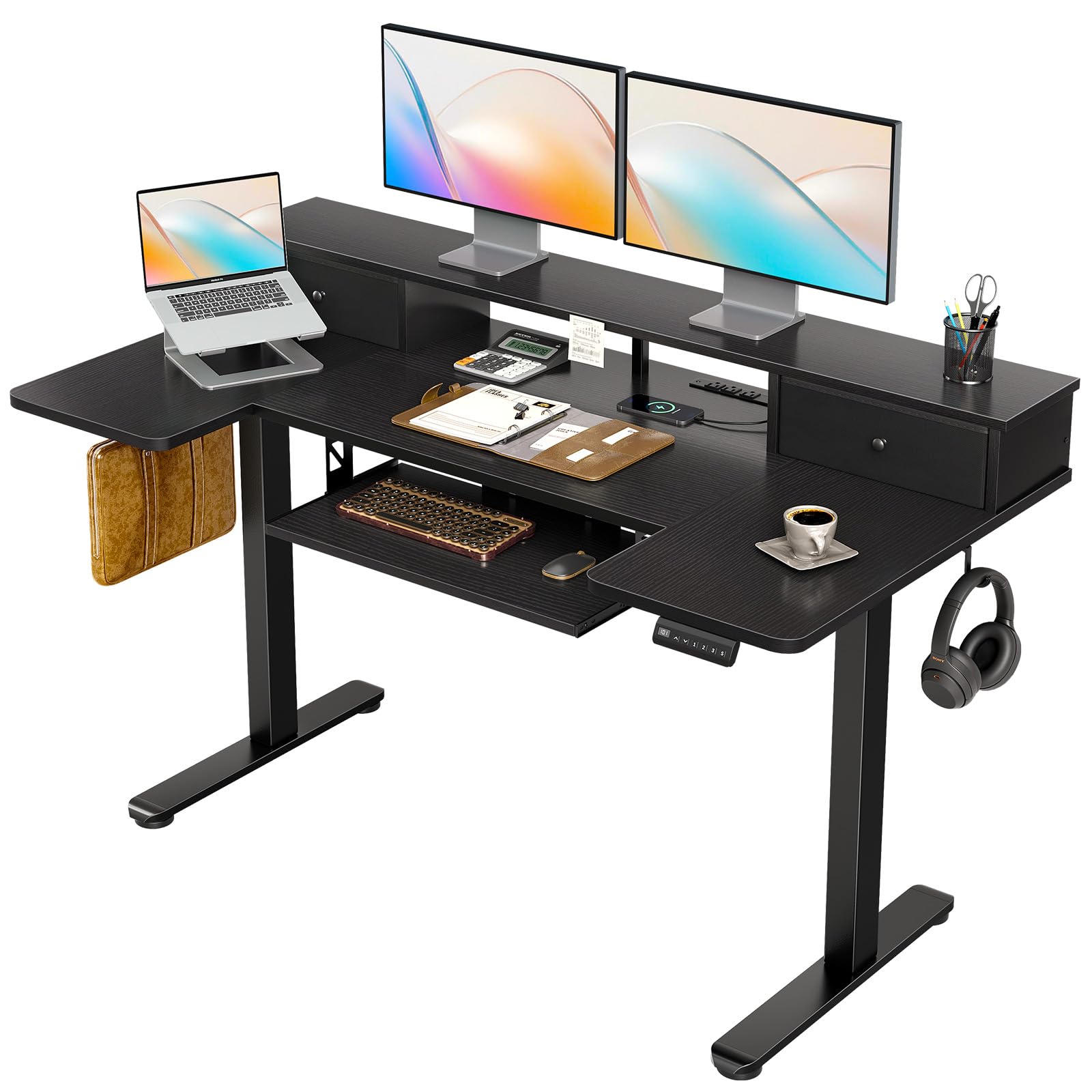 OffiGo U Shaped Electric Standing Desk with Drawers 55 Inch Height Adjustable Desk with Keyboard Tray Ergonomic Monitor