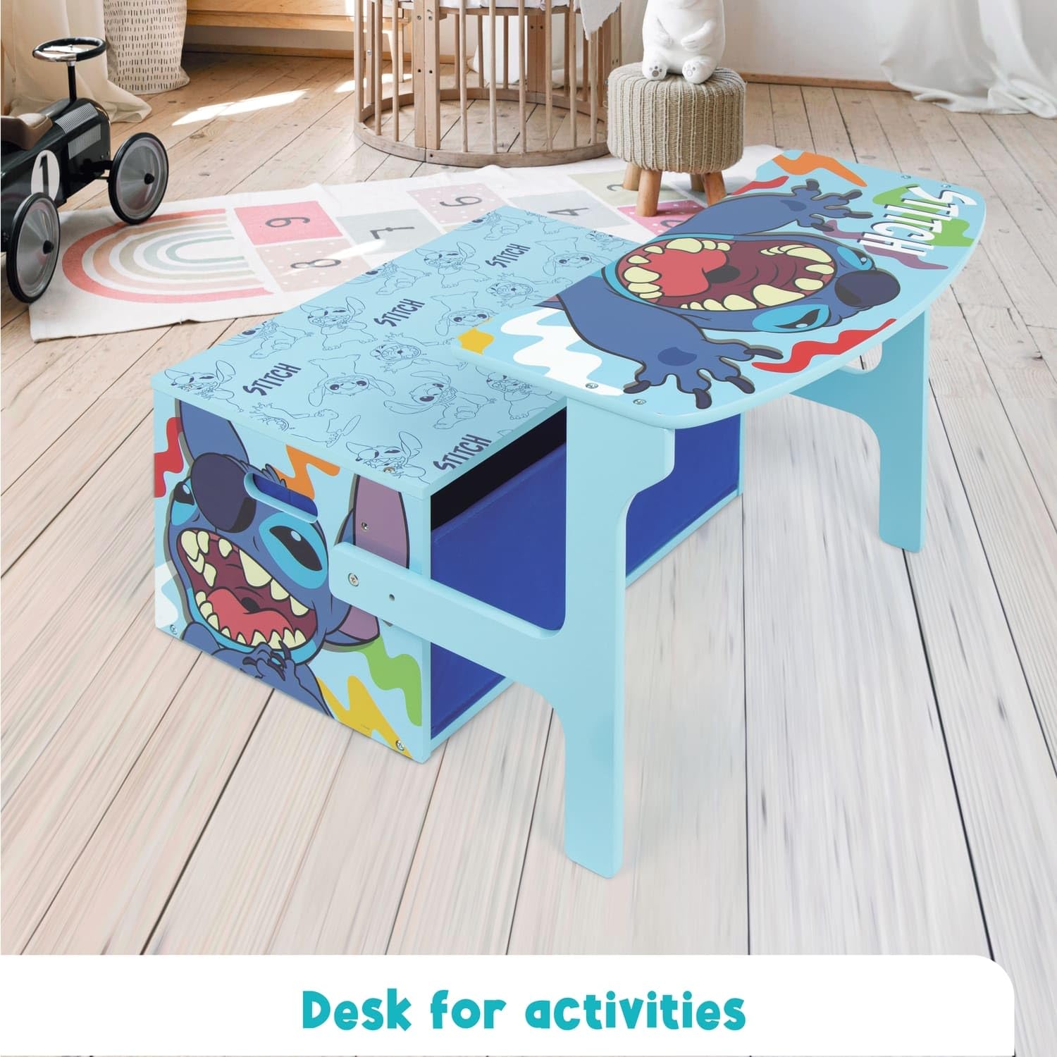ARDITEX - Banc pupitre en Bois pour Enfants Convertible en Bureau avec Espace de Rangement inférieur Stitch de Disney - 60x47x56cm - Couleur Bleu et Turquoise - Idéal pour Chambre d’Enfant
