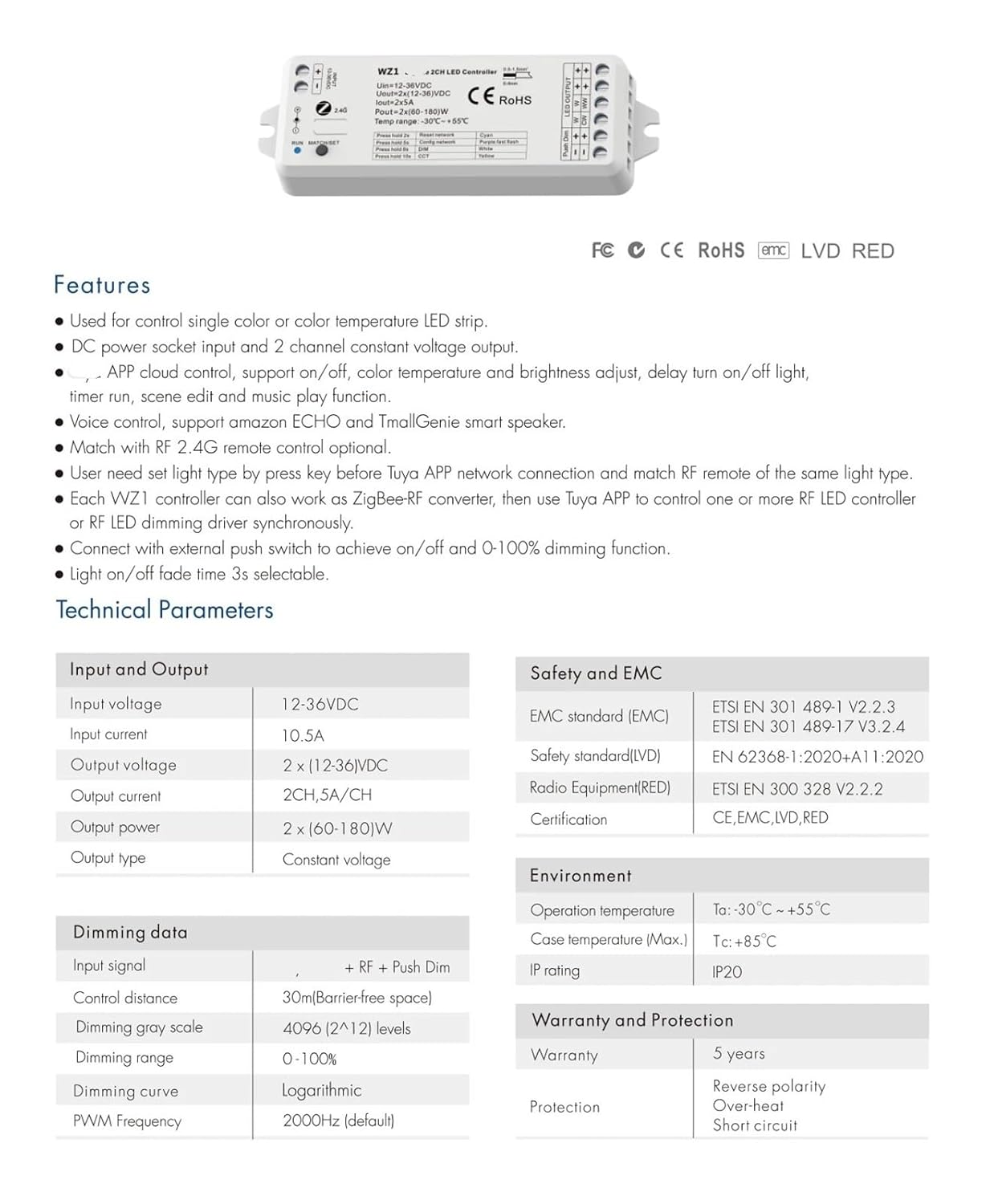 LED Dimmer 2 in 1 WW CW CCT Controller 12V 24V 36V DC 2.4G Dimmer Switch Dimmer(R12 1-Zone)