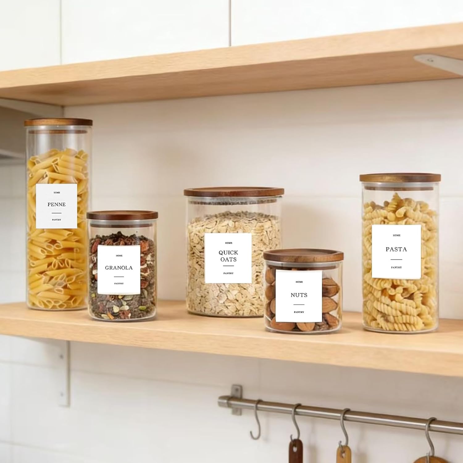 2 Pack Glass Rice Containers with Acacia Wood Lids, 70oz Airtight Flour and Sugar Jars with 105 Labels, Large Glass Pantry Storage Jars for Cereal, Protein Powder, Cookies, Dry Food