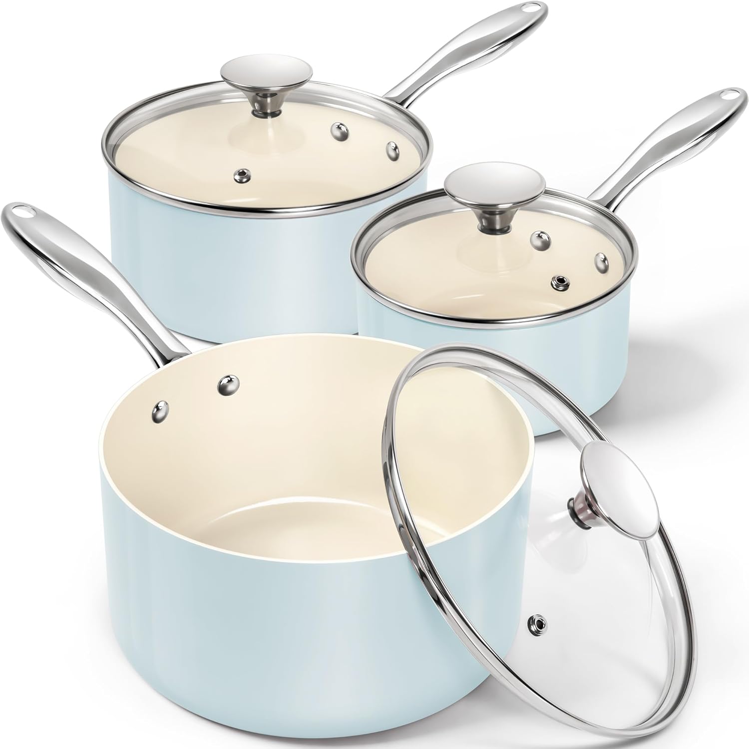 Michelangelo Non-Stick Saucepan Set – 3 Ceramic Pots, Light Blue