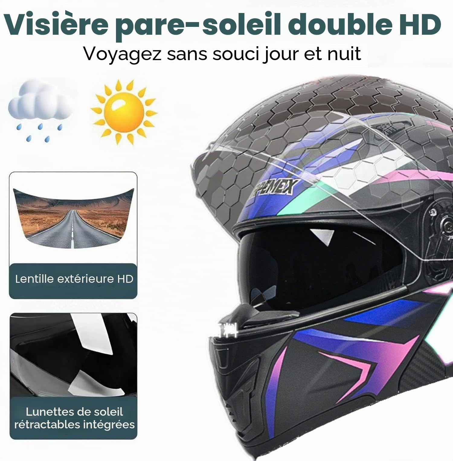 Casque Modulable Moto Bluetooth, avec Feu Arrière LED, Casque À Rabat pour Adultes avec Double Visière, Casque Homologué ECE, Adultes Hommes Femmes Cyclomoteur Anti-Collision
