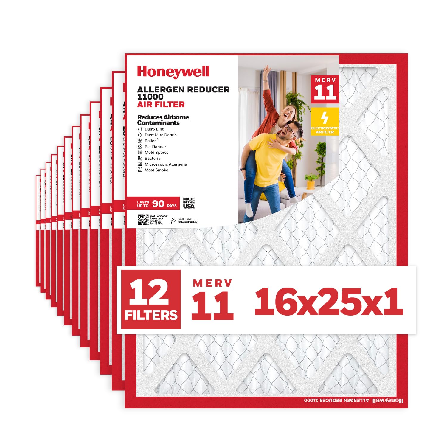 Honeywell MERV 11 - Filtro de aire plisado electrostático para horno de CA y aire acondicionado 11000, 16 x 25 x 1 (12 unidades) | Filtro de repuesto para uso doméstico | Fabricado en Estados Unidos