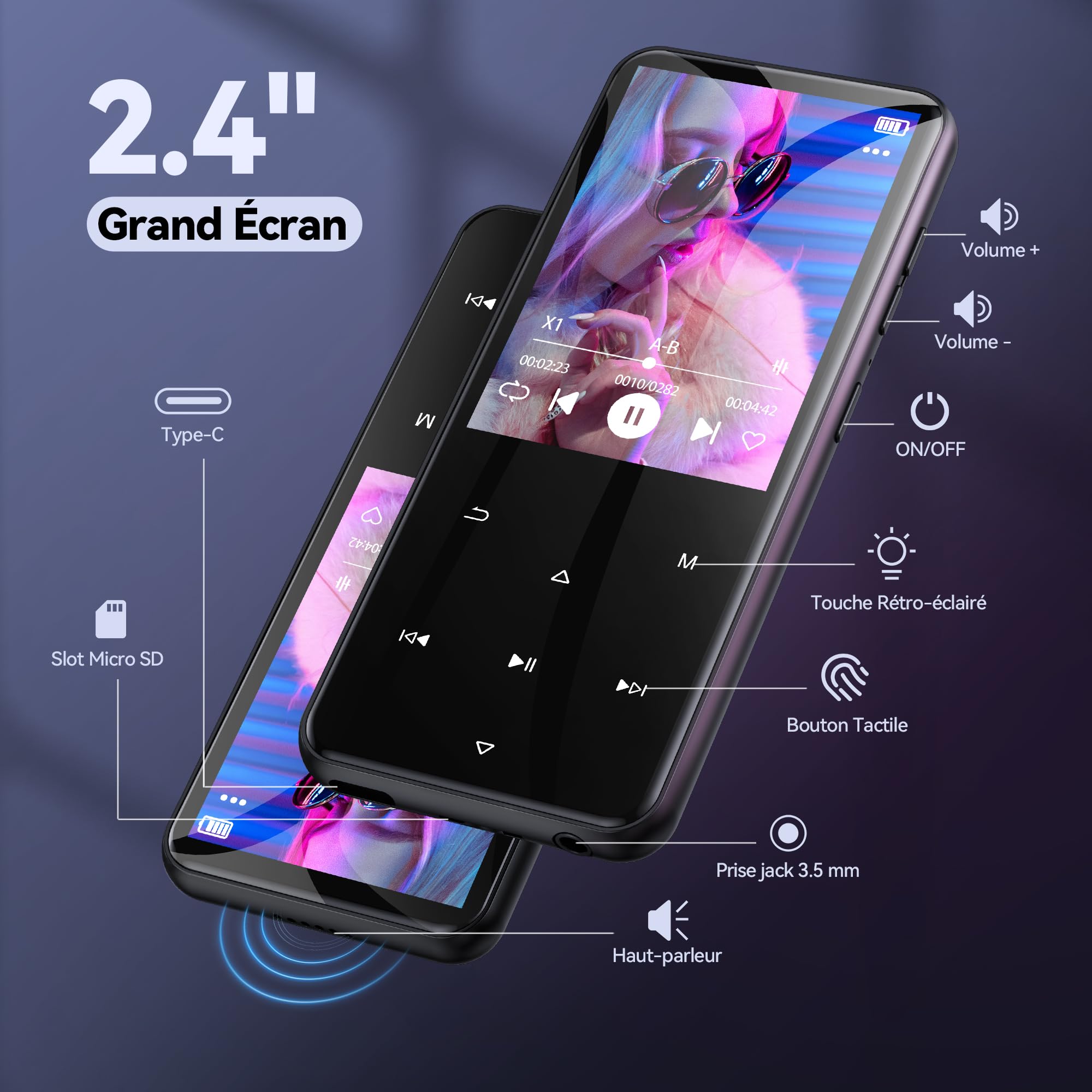 AGPTEK 64Go MP3 Bluetooth avec Haut-Parleur, 2.4" Grand Écran Lecteur MP3 en Métal Qualité Sonore HiFi Audio MP4 Baladeur Sport de Bouton Tactile Radio FM Podomètre Enregistreur 60H de Musique-Noir