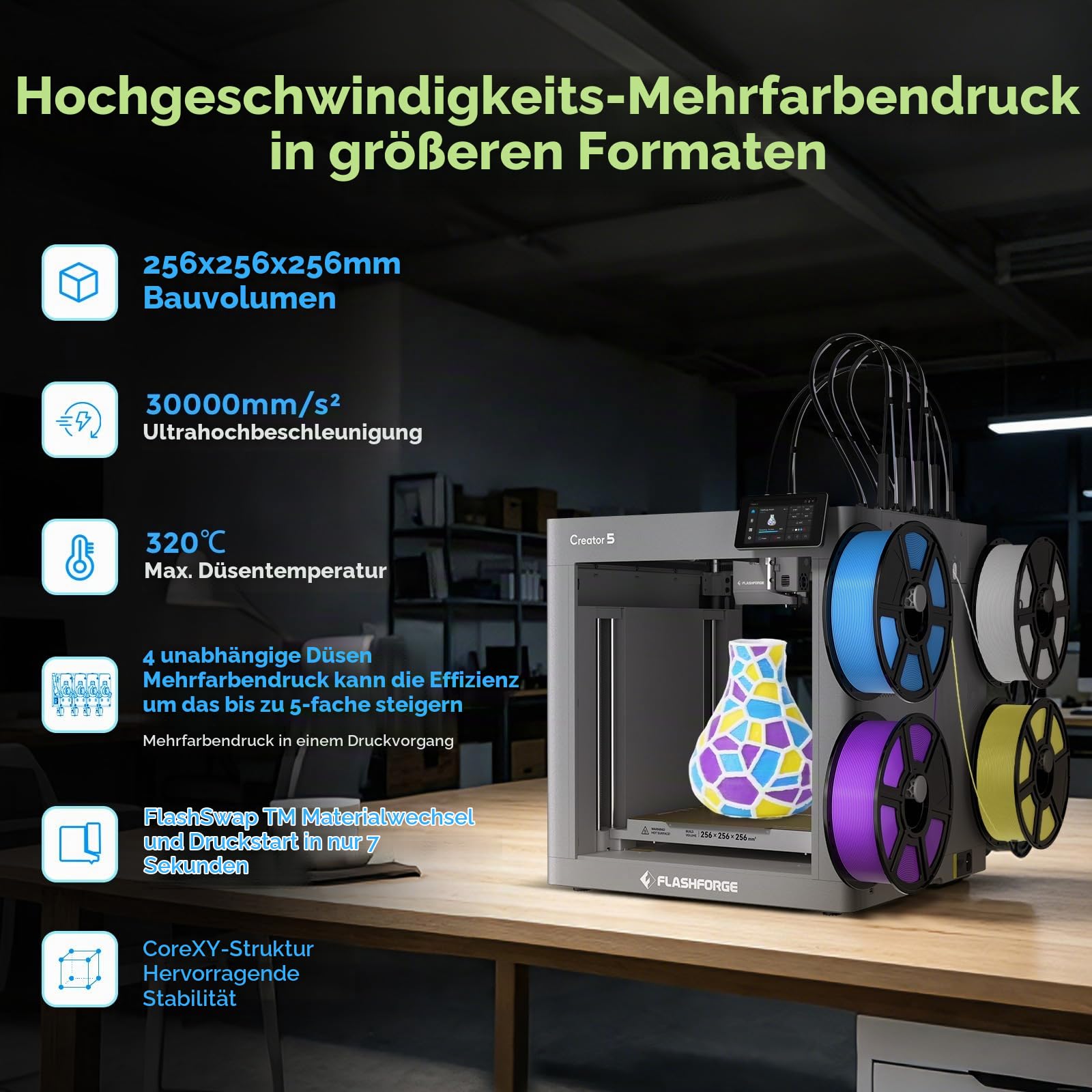 Flashforge Creator 5 3D Drucker, 4 unabhängige Köpfe, Mehrfarbig
