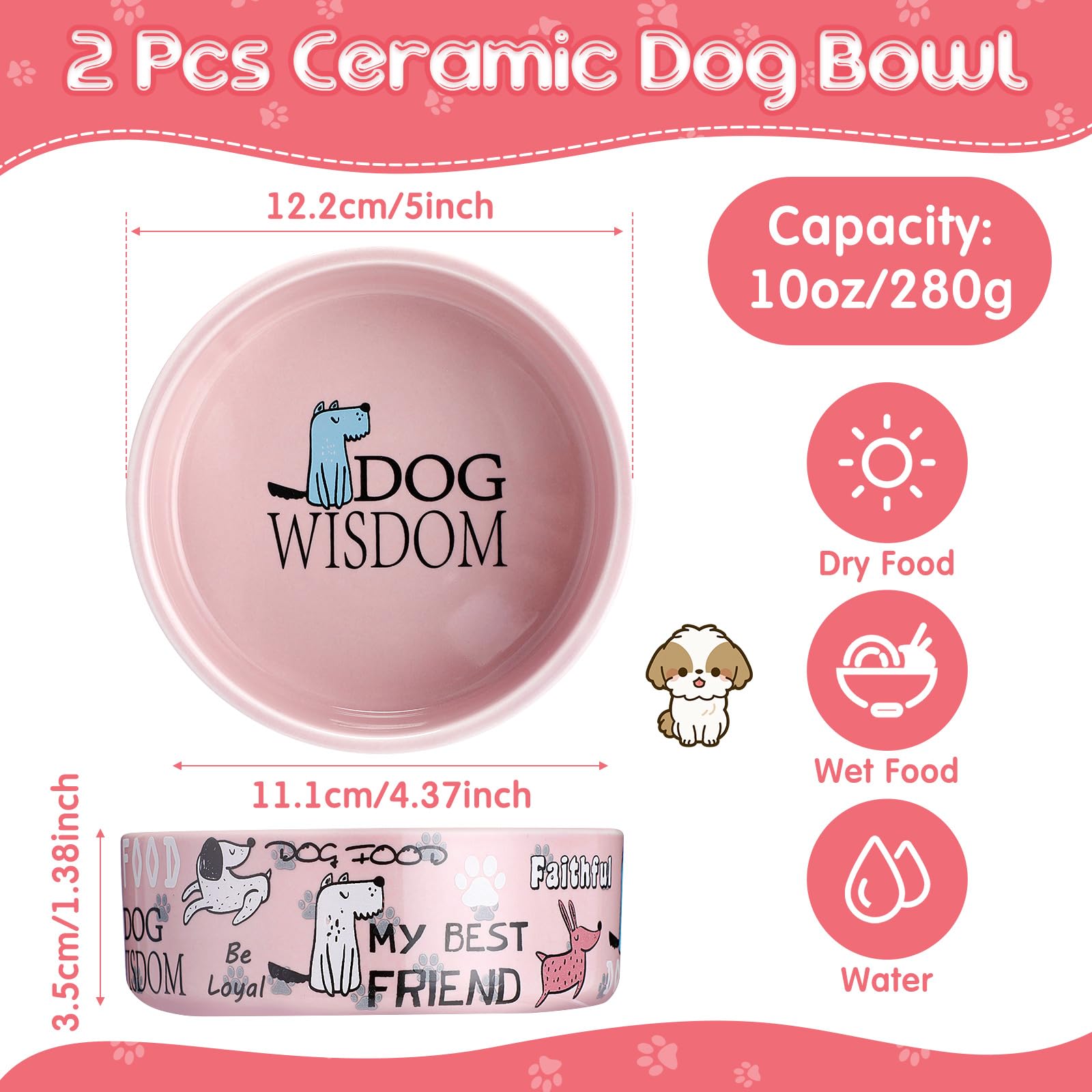 Maxcheck 2 cuencos de cerámica para perros de 5 pulgadas para perros pequeños, lindos cuencos de dibujos animados para cachorros y gatos, platos pesados para alimentos y agua, para mascotas, para