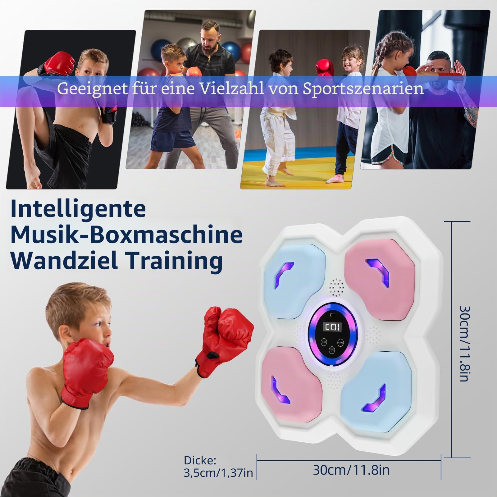 Intelligente Musikboxmaschine, 9 Modi und Geschwindigkeit, elektronisch, Boxtraining, Wandmontage, Messmodus, unterstützt Bluetooth, Handschuhe für Erwachsene und Kinder