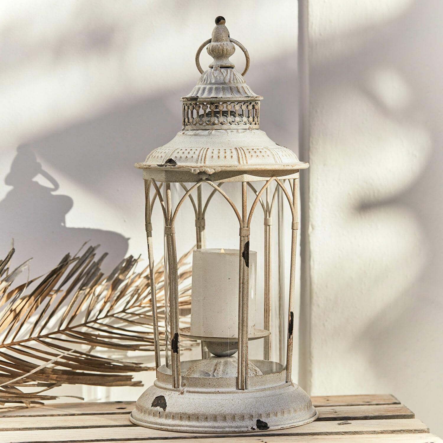 Loberon Laterne Lanao, kunstvoller Vintage-Look, für Teelichter oder, Stumpenkerzen, Antik-Finish, Outdoor Geeignet, Eisen, Creme