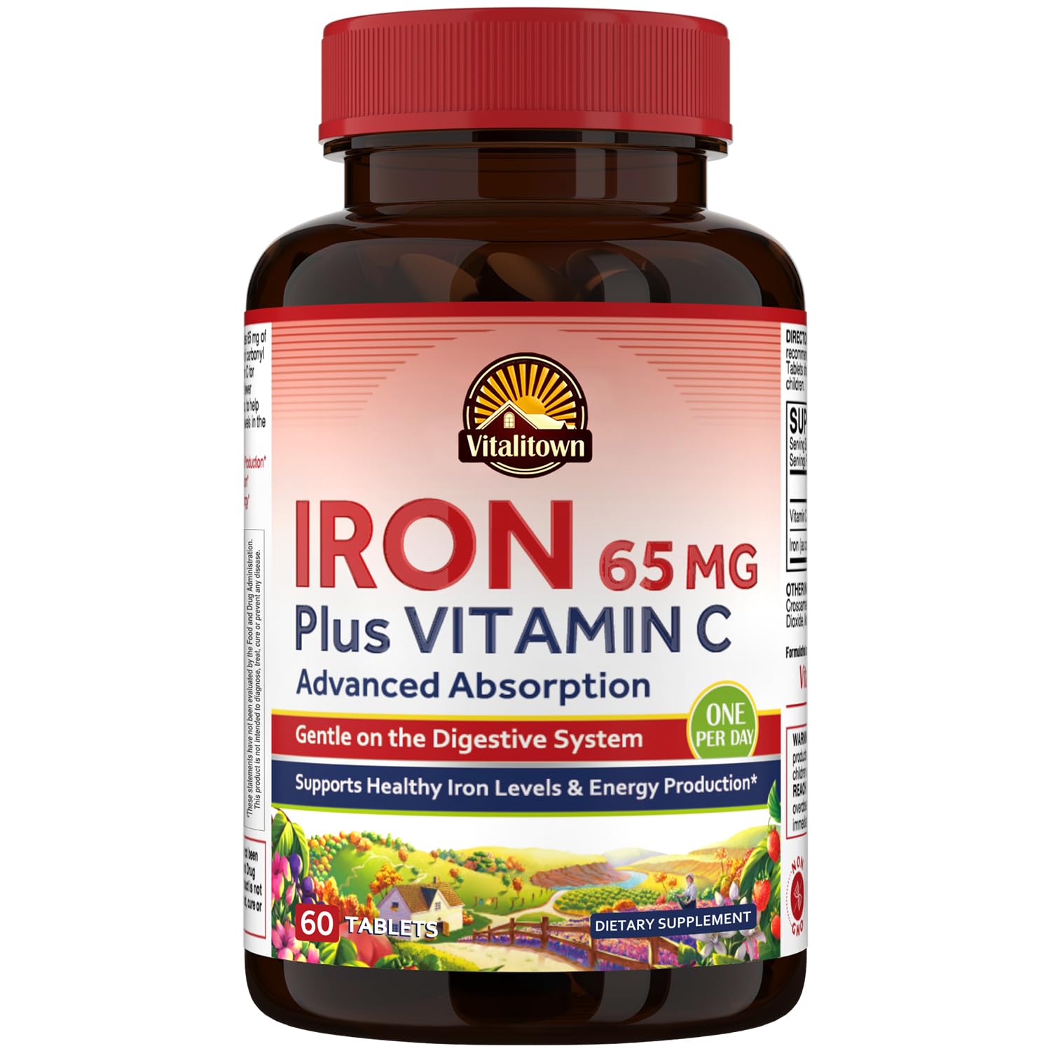 VitalitownIron Supplement for Women Men, Hign Potency 65mg Iron with Vitamin C 250mg, Less Constipating, Better for Blood Building & Energy Improvement, No Gluten, Non-GMO 60 Vegan Iron Pills