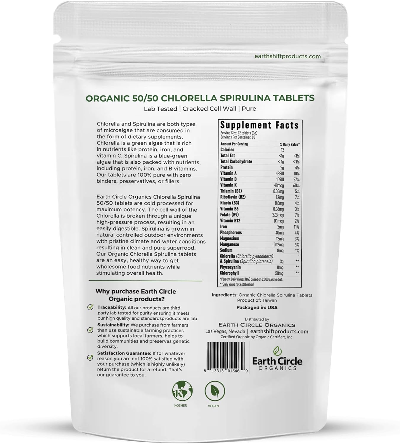Earth Circle Organics - Chlorella/Spirulina Tablets (1000 Tablets) and Spirulina Powder (8 oz) Superfood Bundle - Pure Vegan Protein, Kosher, High in Fiber & Amino Acids