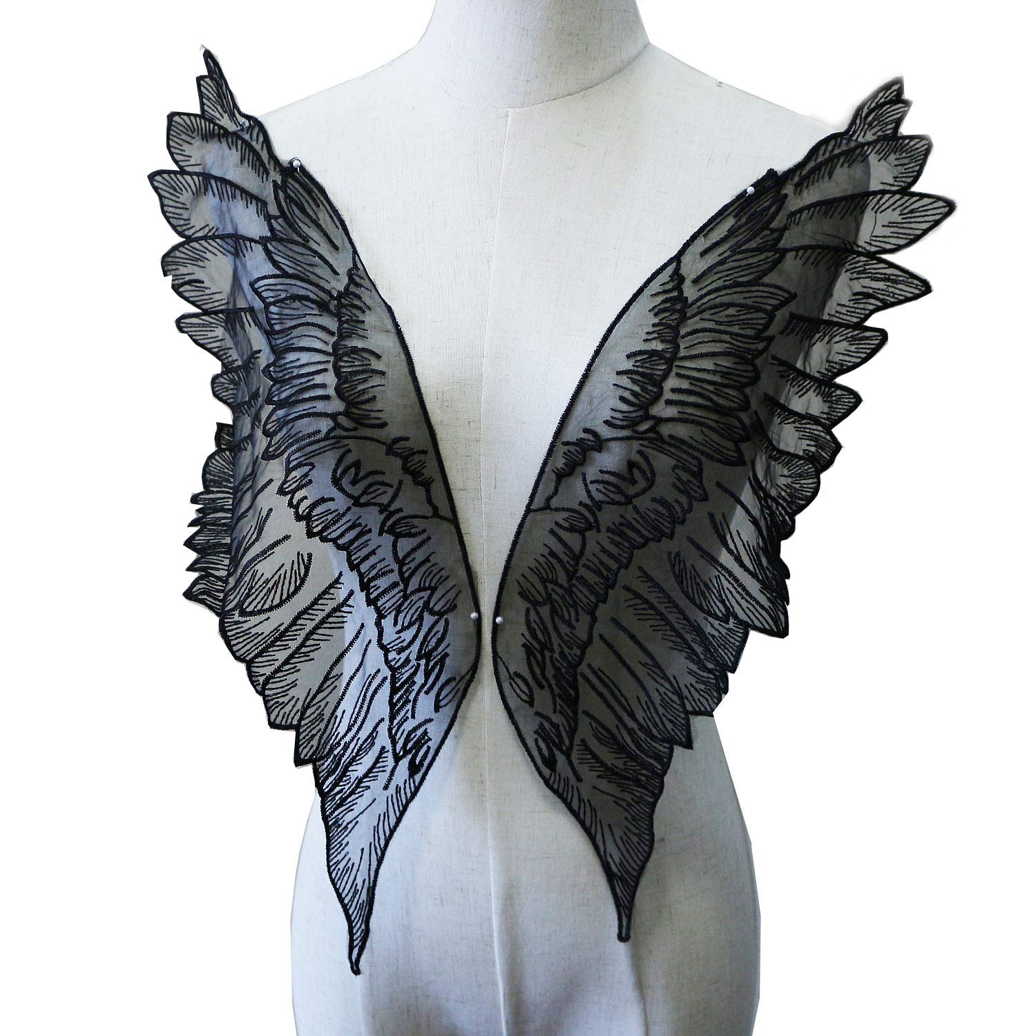 Apliques de encaje de organza negros con alas de espejo para vestidos