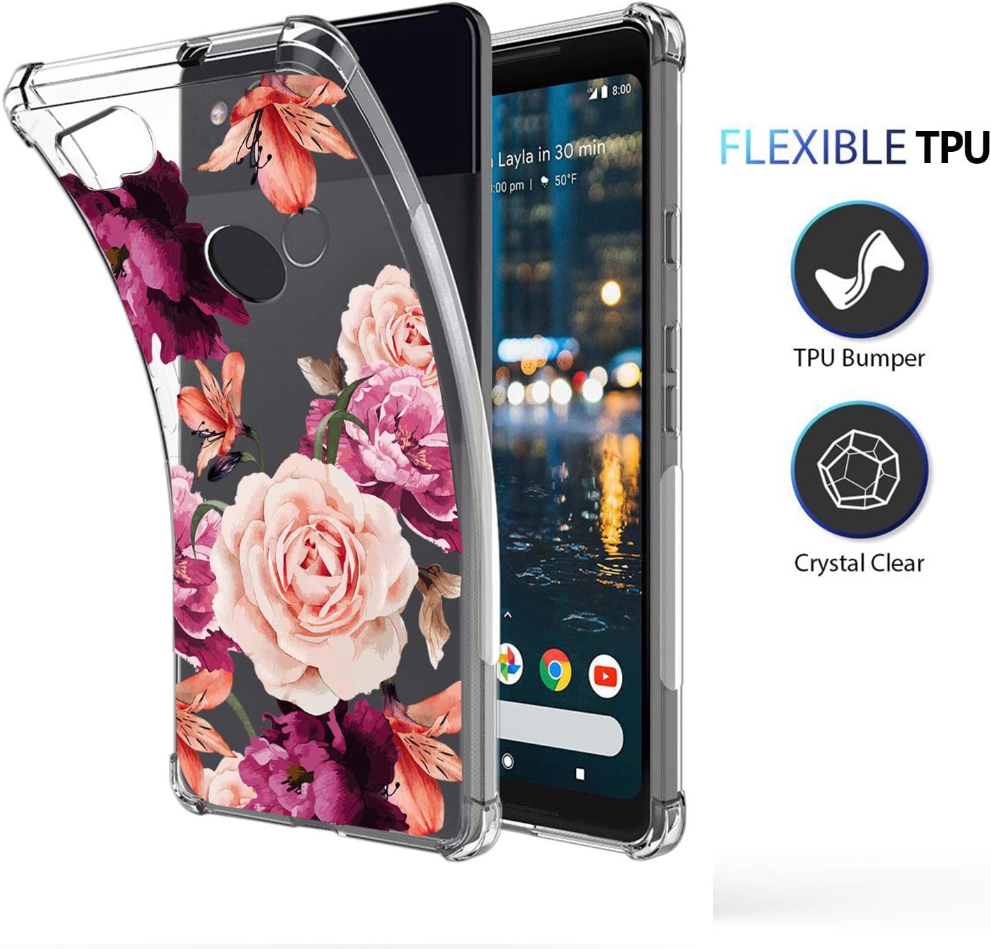 Flowers Shockproof Phone Case for Google Pixel 2, Clear with Floral Design Slim Flexible Cute Girly Cell Phone Cover with Bumper Corner for Girls Women