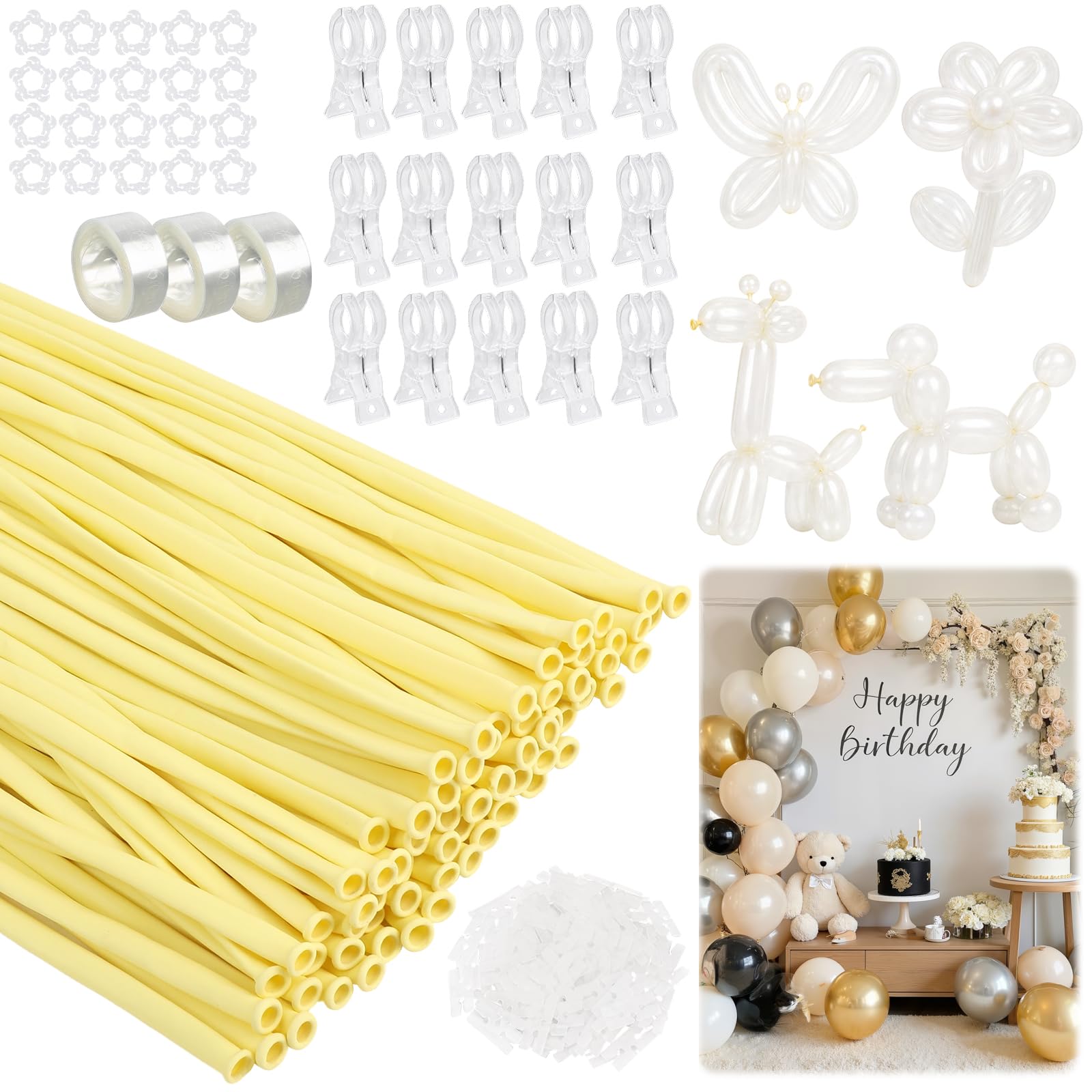 318 Pcs Balloon Arch Clips Kit, with 150 Long Balloons, 3 Tape Strip