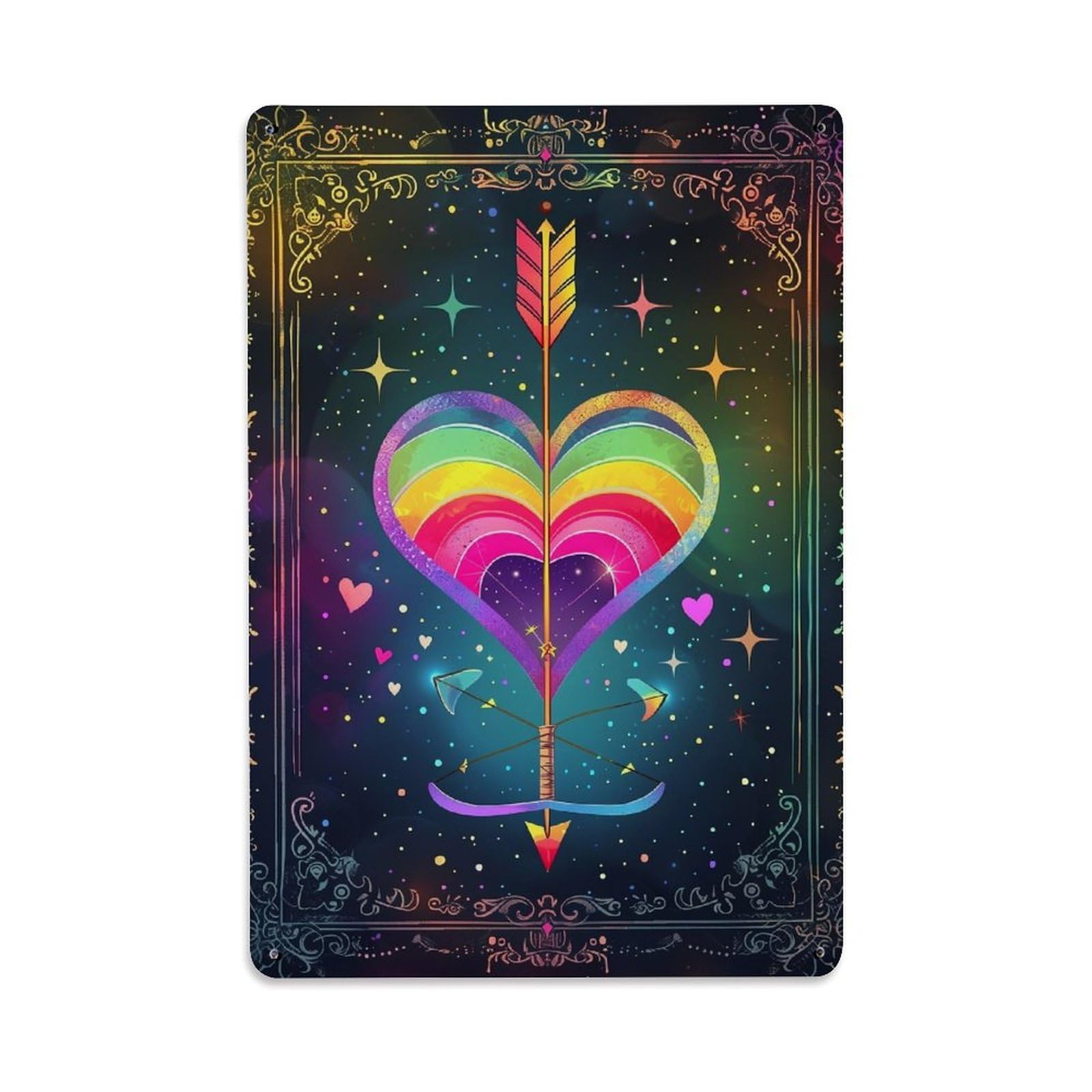 Jdfenggu Vintage Rainbow Heart Arrow Cosmic Stars Retro Metal Tin Sign, Decor Art Poster For Bar, Home, Man Cave, Kitchen, Laundry Room Gift 8X12inch