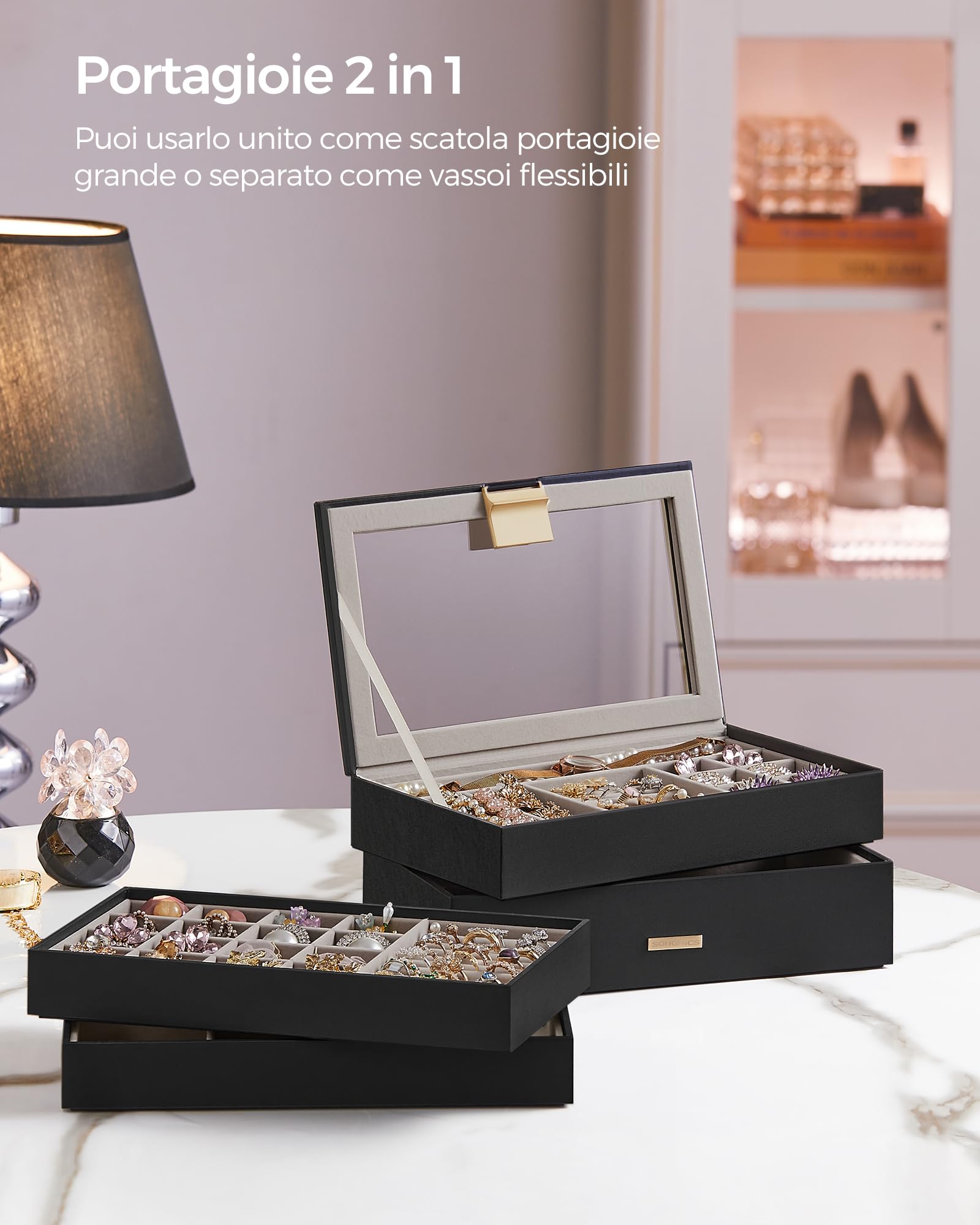 SONGMICS Scatola Portagioie con 4 Vassoi Impilabili, Porta Gioielli Capiente, Coperchio in Vetro Chiaro, 17 x 28 x 18,3 cm, per Cassetto Toeletta, Idea Regalo, Nero Inchiostro JBC164B01