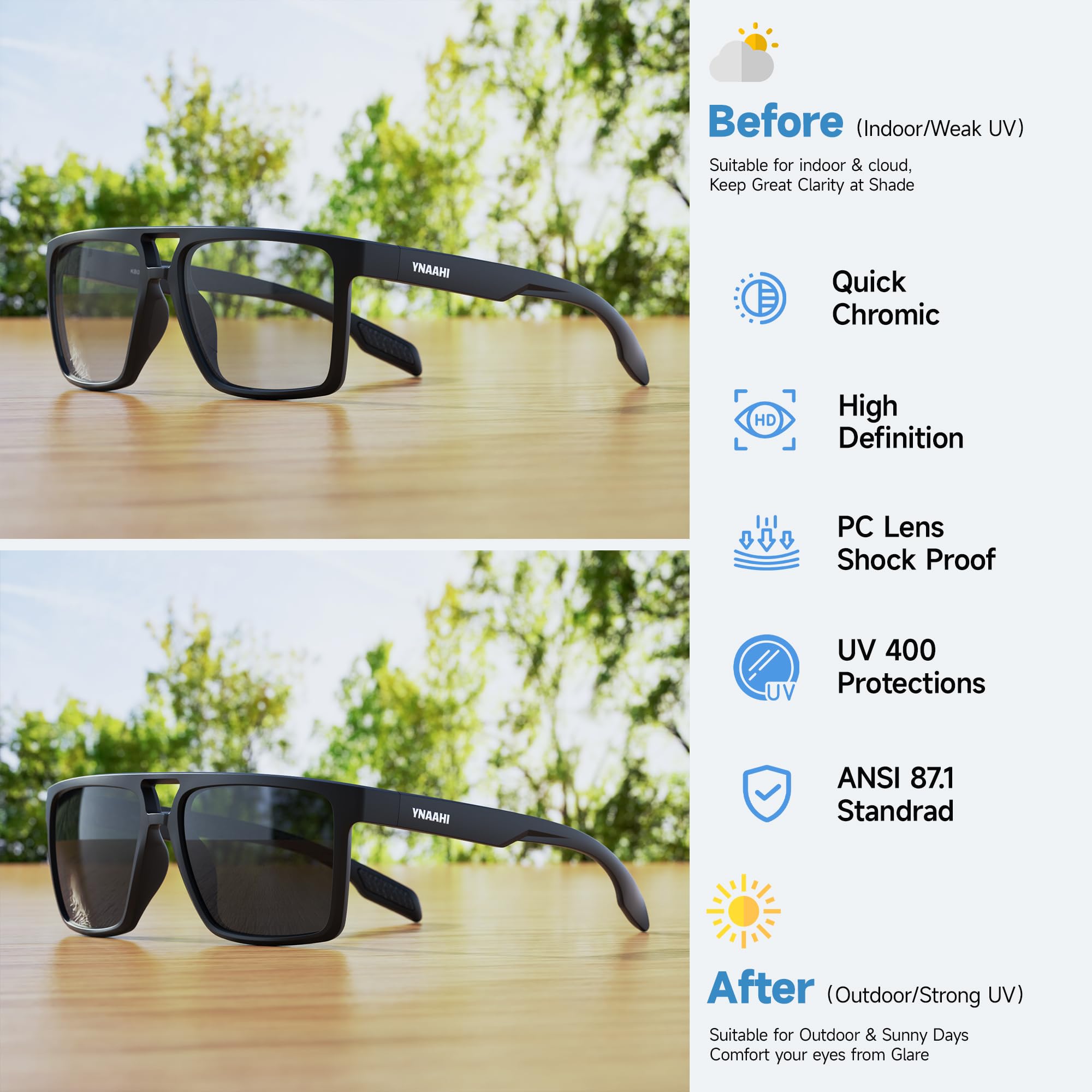 Gafas de sol fotocromáticas para hombres y mujeres, transición UV y protección. Diseño para deportes correr y seguridad en el trabajo