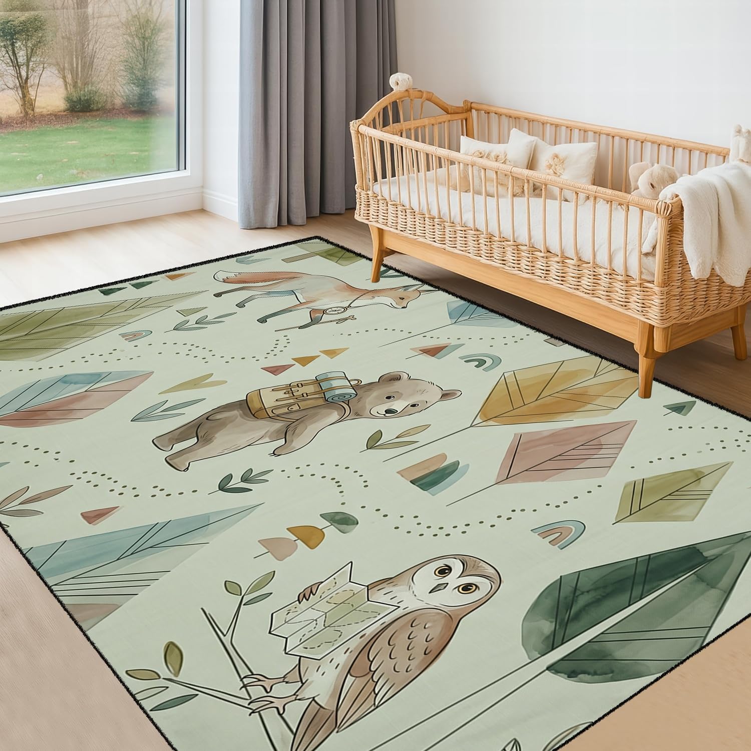 SMXVRC Kids Woodland Animals Rugs, 100x150cm, Boho Forest Explorer Cute Bear Fox Playmat, Soft Durable Shed Resistant Foldable Rug for Boys Girls Room Study Room