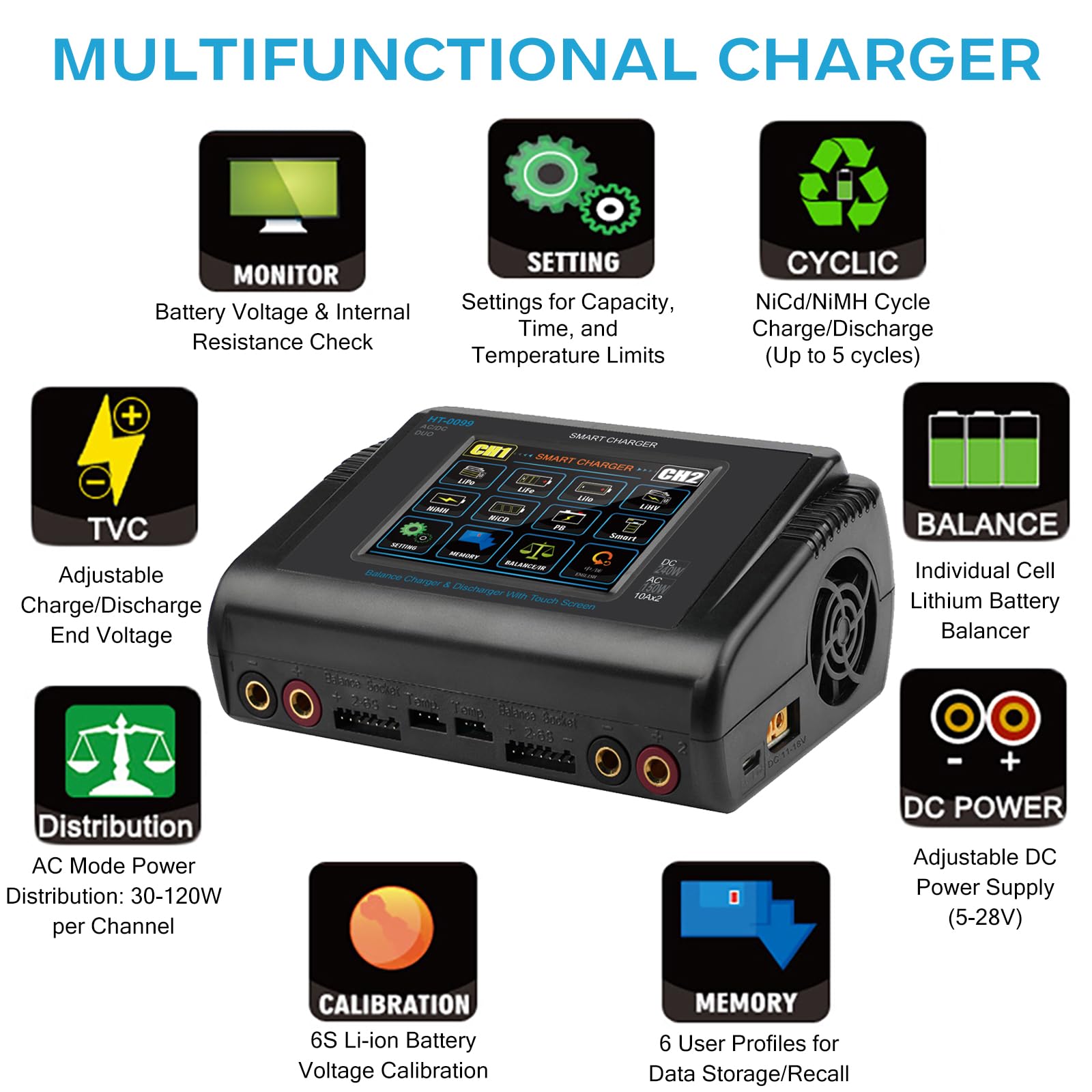 HTRC Lipo Ladegerät Duo & Entlader, RC Akku Ladegerät 150W AC 240W DC mit Balancer, Lipo Charger 10A für LiPo, Life, LiHV, Li-Ion, NiMH, NiCD, PB Batterien und RC-Auto/Boot, Airsoft Akkus