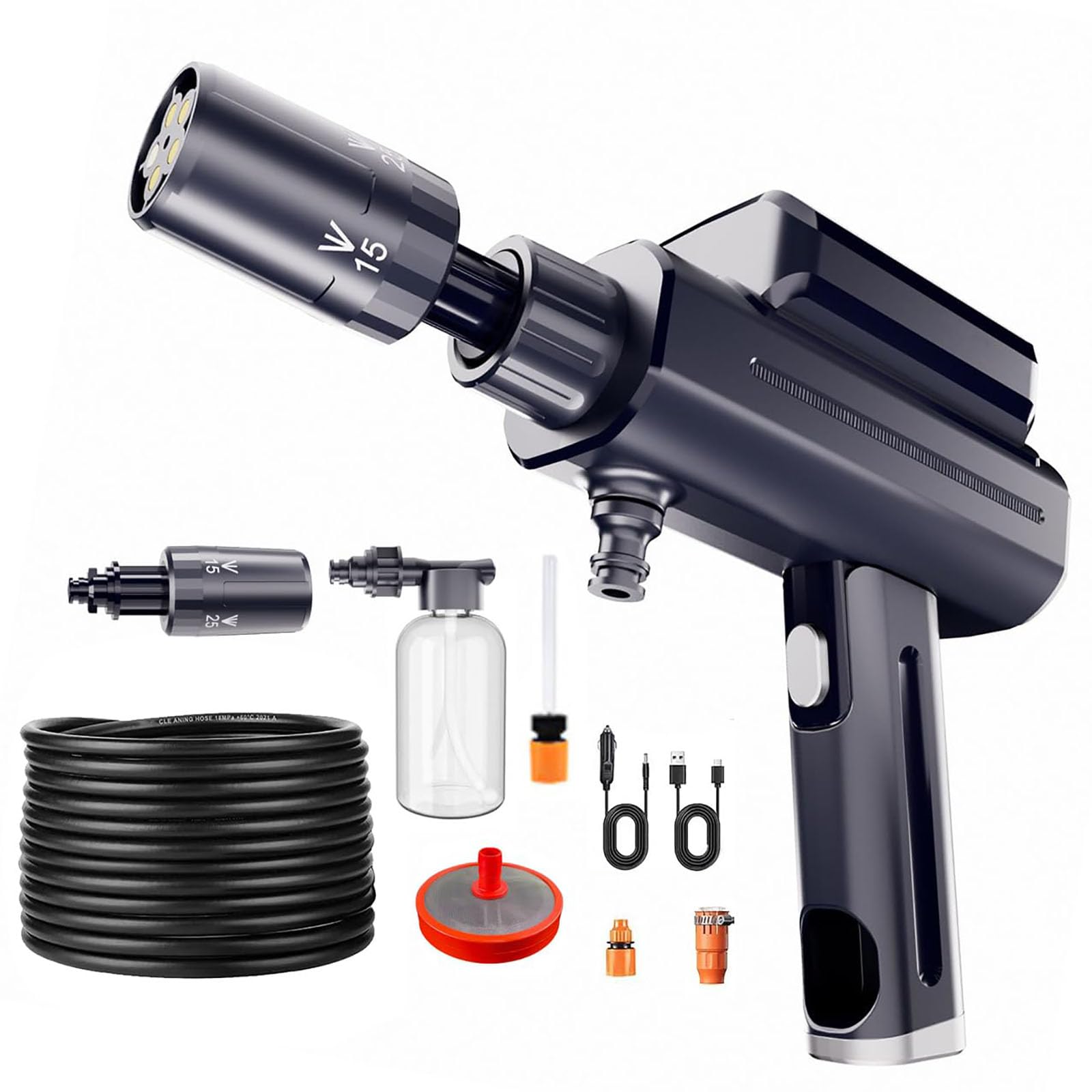 Nettoyeur haute pression sans fil pliable, batterie et chargeur de voiture, laveuse électrique portable 247 Psi, tuyau et buse de 16,4 pieds + canon à mousse, pour voiture, patio, clôture
