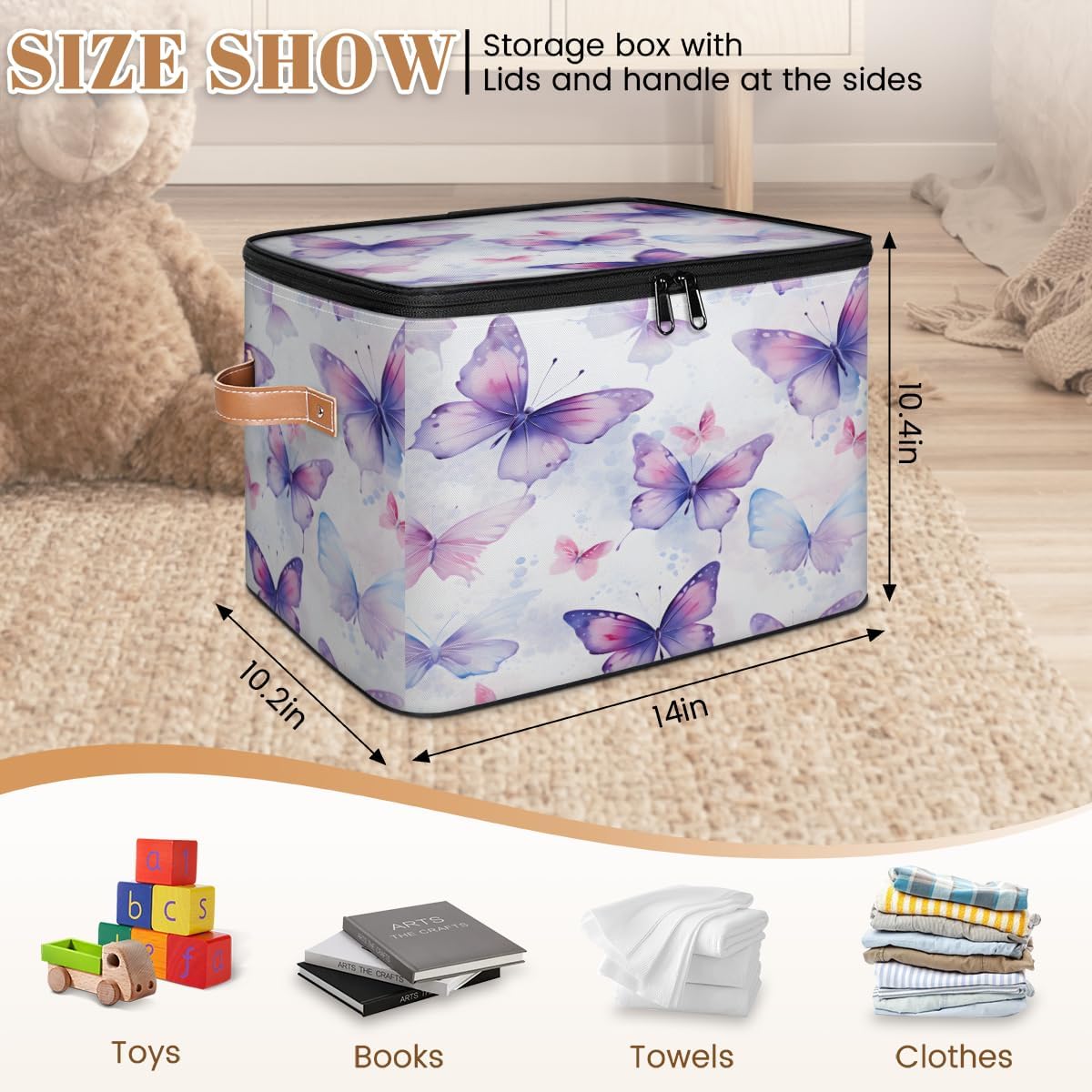 Storage Bin Set of 2 Butterfly Pattern Storage Basket with Zipper Lid & Handle Foldable Closet Shelf 2 Pack Cloth Organizer Basket Cube Bins Clothes Organizer for Bedroom, Nursery