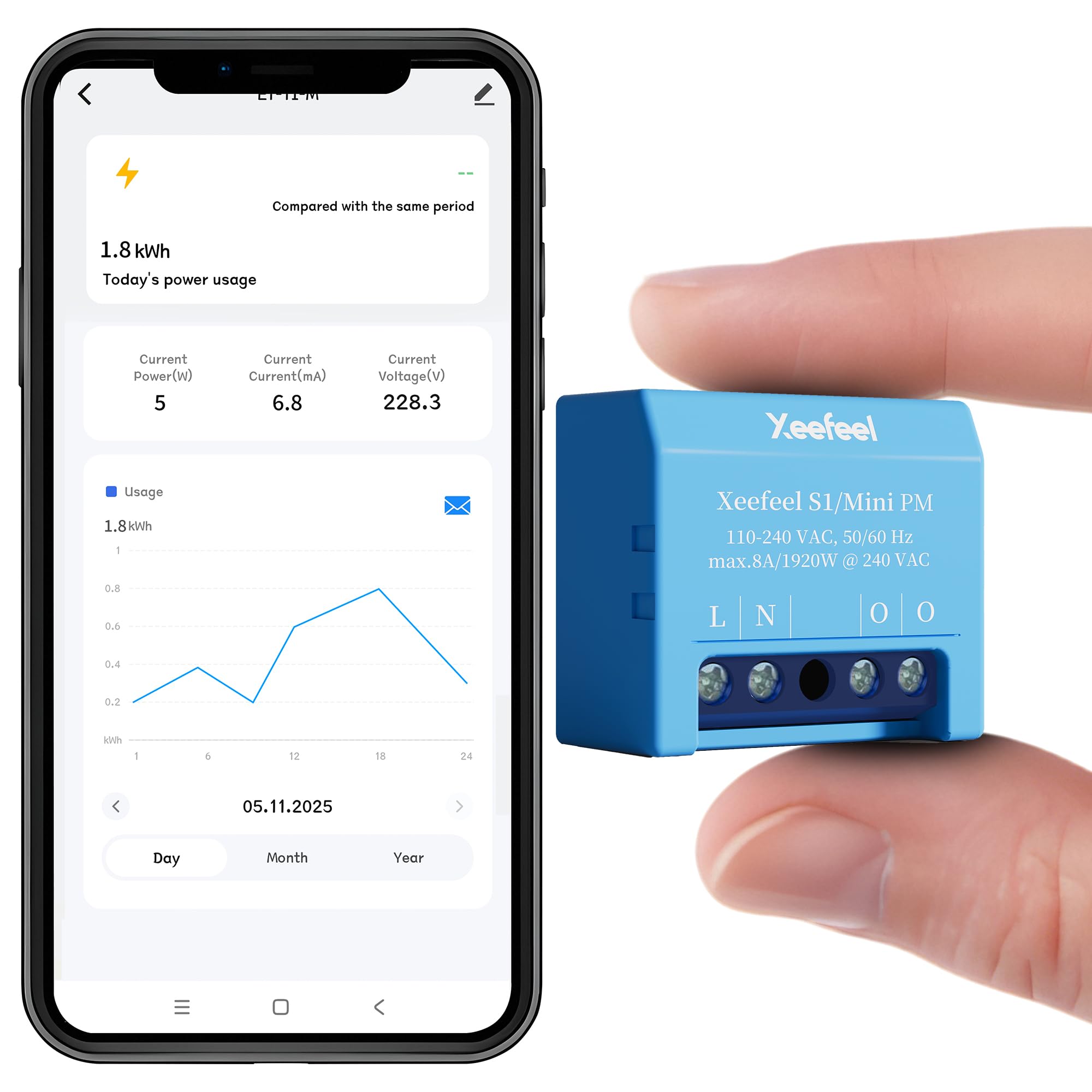 Xeefeel PM Mini WLAN & Bluetooth Smarter Stromzähler, 1 Kanal, 16A, Kein Relaisschalter, Leistungsmessung, Echtzeit-Energiezähler, kein Hub Erforderlich, Alexa & Google Home,Hausautomation