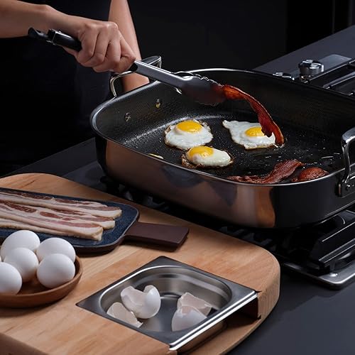 Miniatura 8 de HexClad Tabla de cortar híbrida de madera de haya de doble cara con bandeja de acero inoxidable asa de transporte y zanjas de jugo