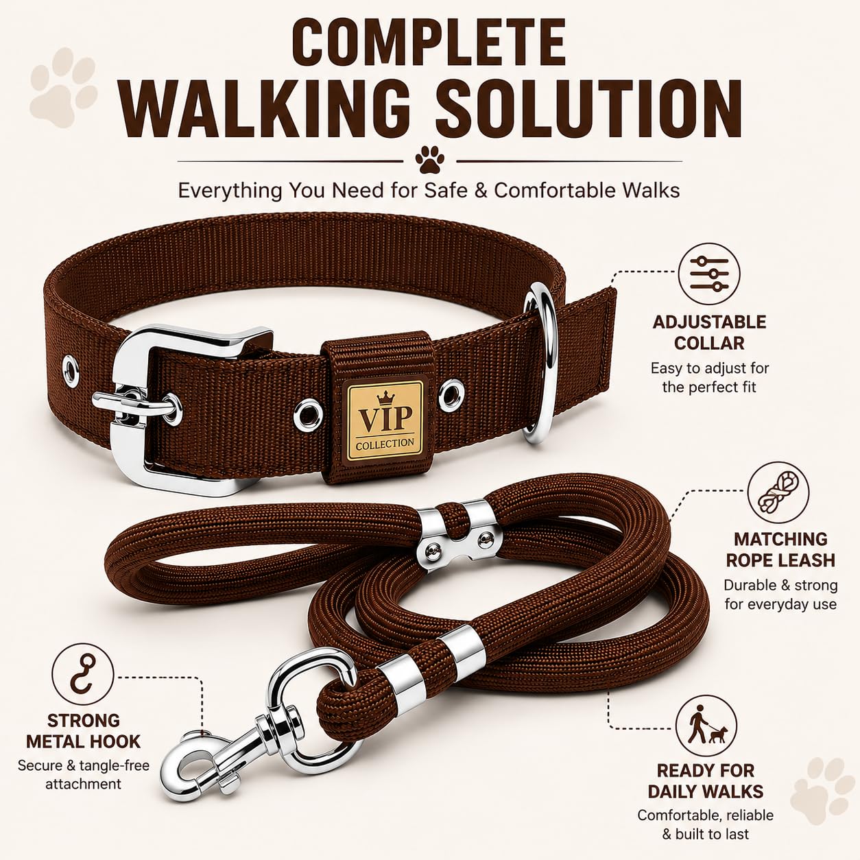 VIPCOLLECTION No Pull -Step in Soft Padded Dog Harness and Collar Leash for Small Medium Large Dogs - Escape Proof Adjustable Combo for Walking Training Hiking Outdoor (Extra Small, Brown)