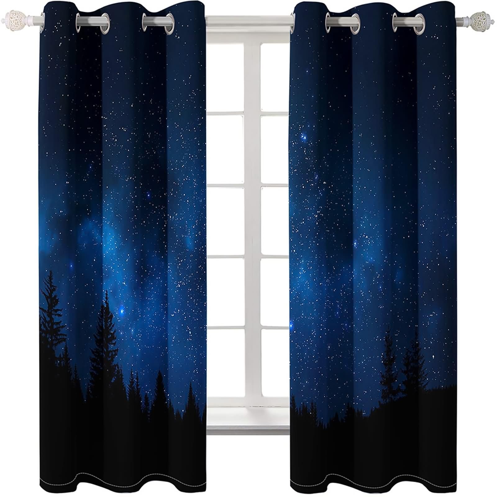 Zasłona okienna, elegancka zasłona do salonu granatowa czarna gwiaździste niebo i krajobraz lasu poliester 2 panele 214 x 183 cm