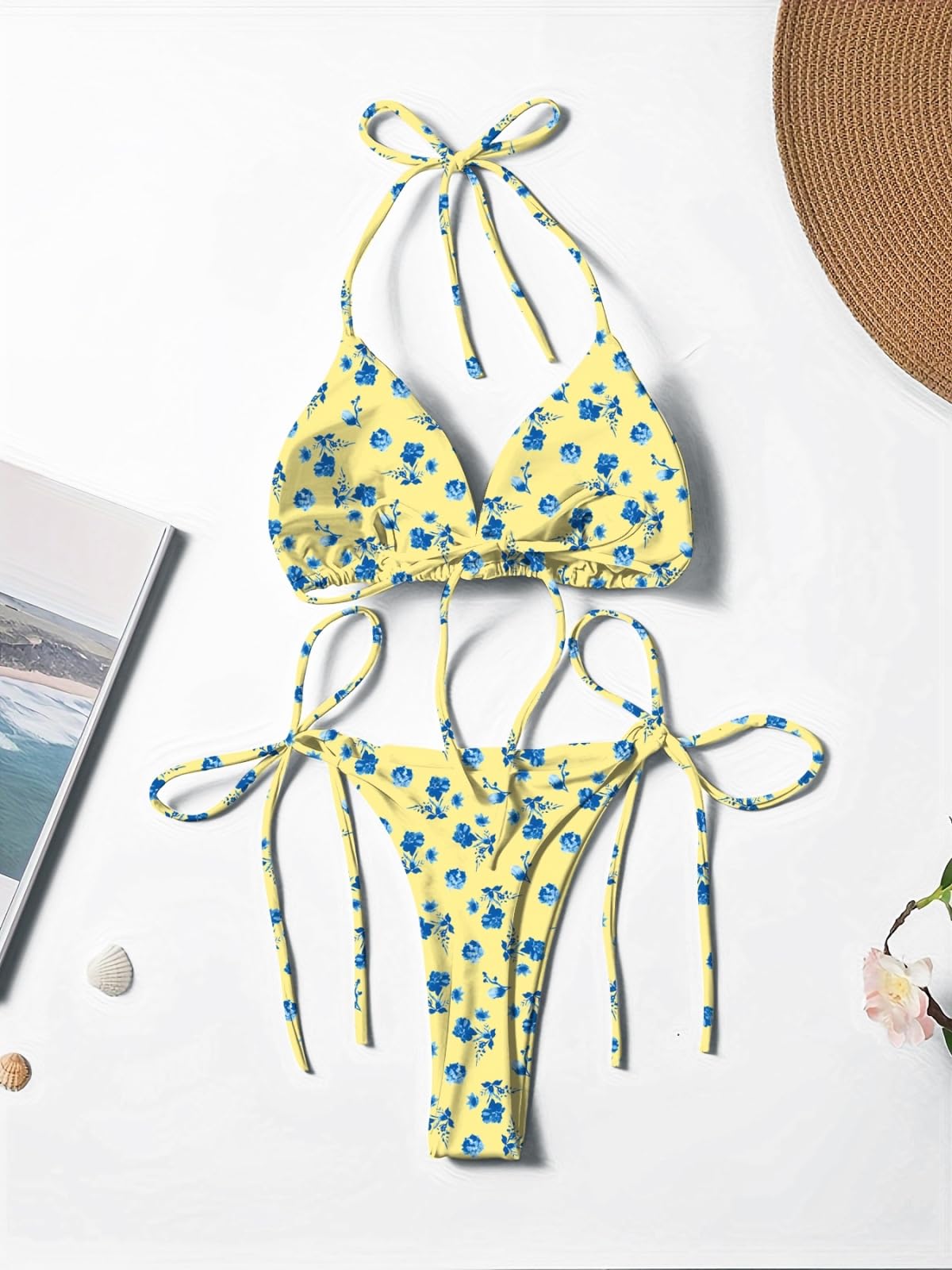 Bikini Mujer Mujeres Floral Corbata Lateral Set Halter Dos Piezas Traje De Baño-Yellow-s