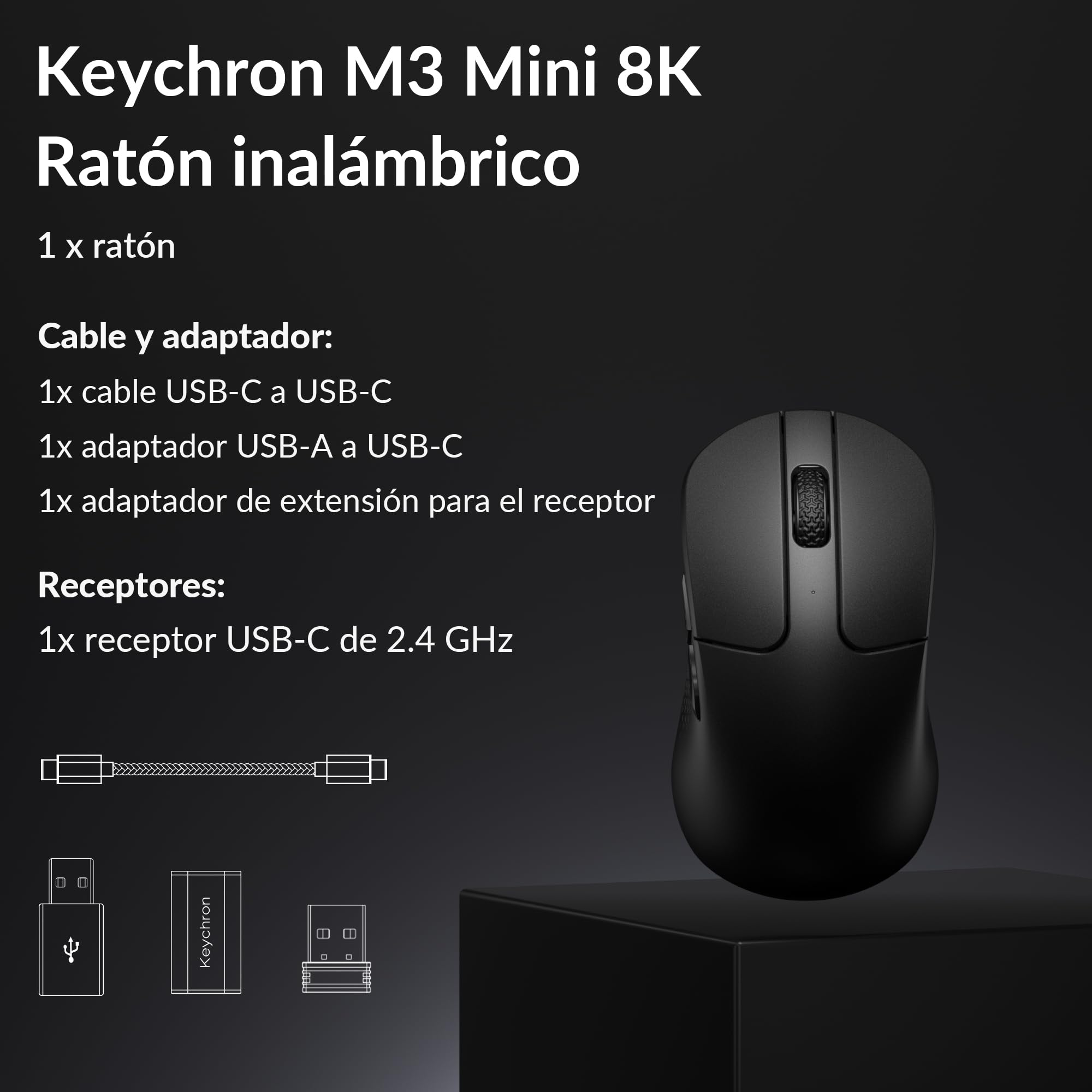 Keychron M3 Mini 8K Souris Gaming, 2,4 GHz/Bluetooth 5,3/Filaire, 55g Ultra-légère, 8000 Hz, Capteur PixArt 3950, Programmable Avec Launcher, 30 000 DPI/750 IPS, pour Windows, Mac et Linux - Noir