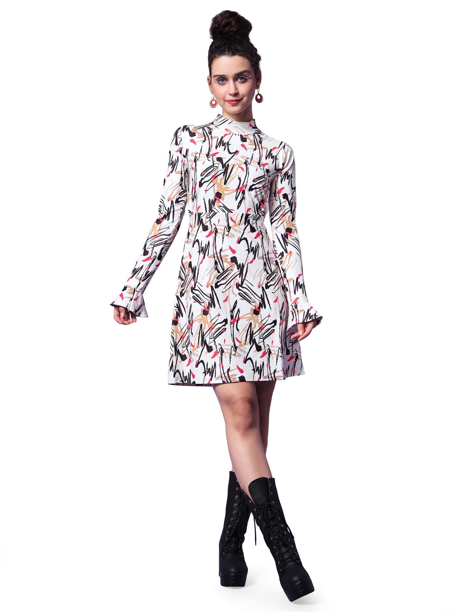 Purvaja Womens A-Line Above Knee Length Dress (Wini-047-Loopy_Beige_Small)