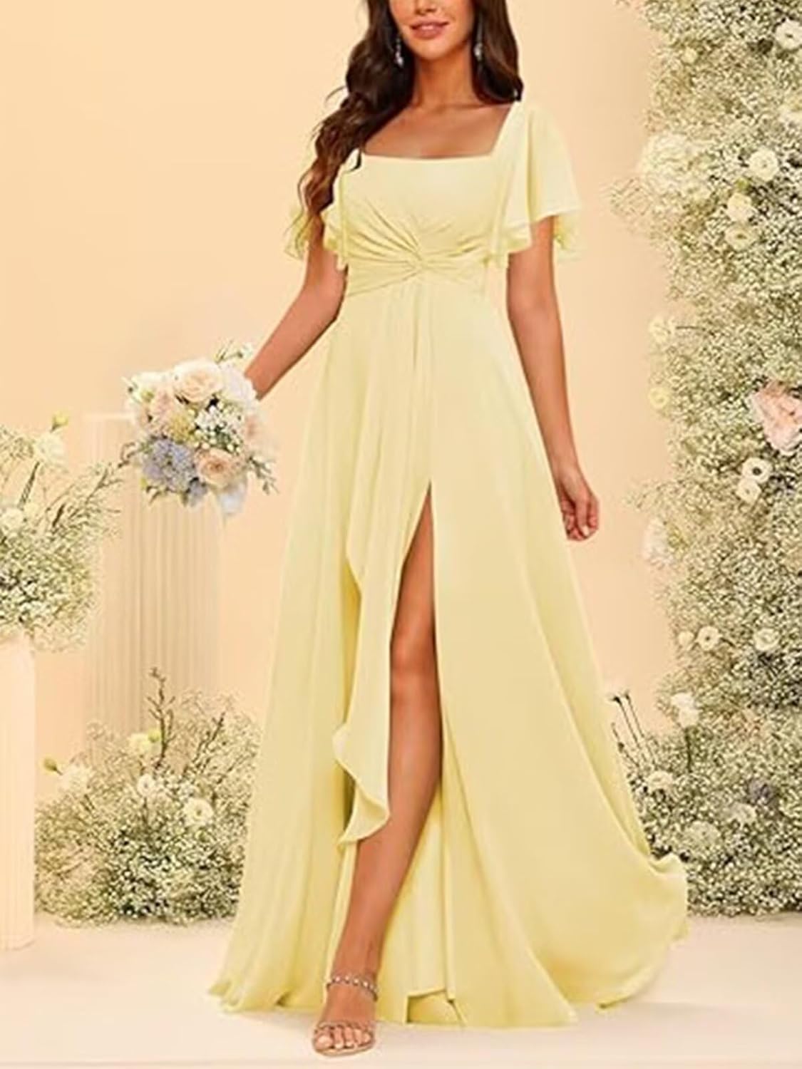 Short Sleeves Chiffon Bridesmaid Dress Pleated A Line Formal Evening Dresses with Slit