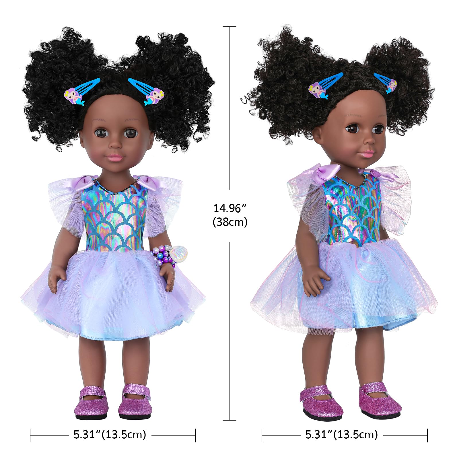 Muñecas negras de 14.5 pulgadas, ropa y accesorios realistas, muñeca africana de silicona con muñeca princesa tema mar profundo, el mejor regalo para niñas y niños 3