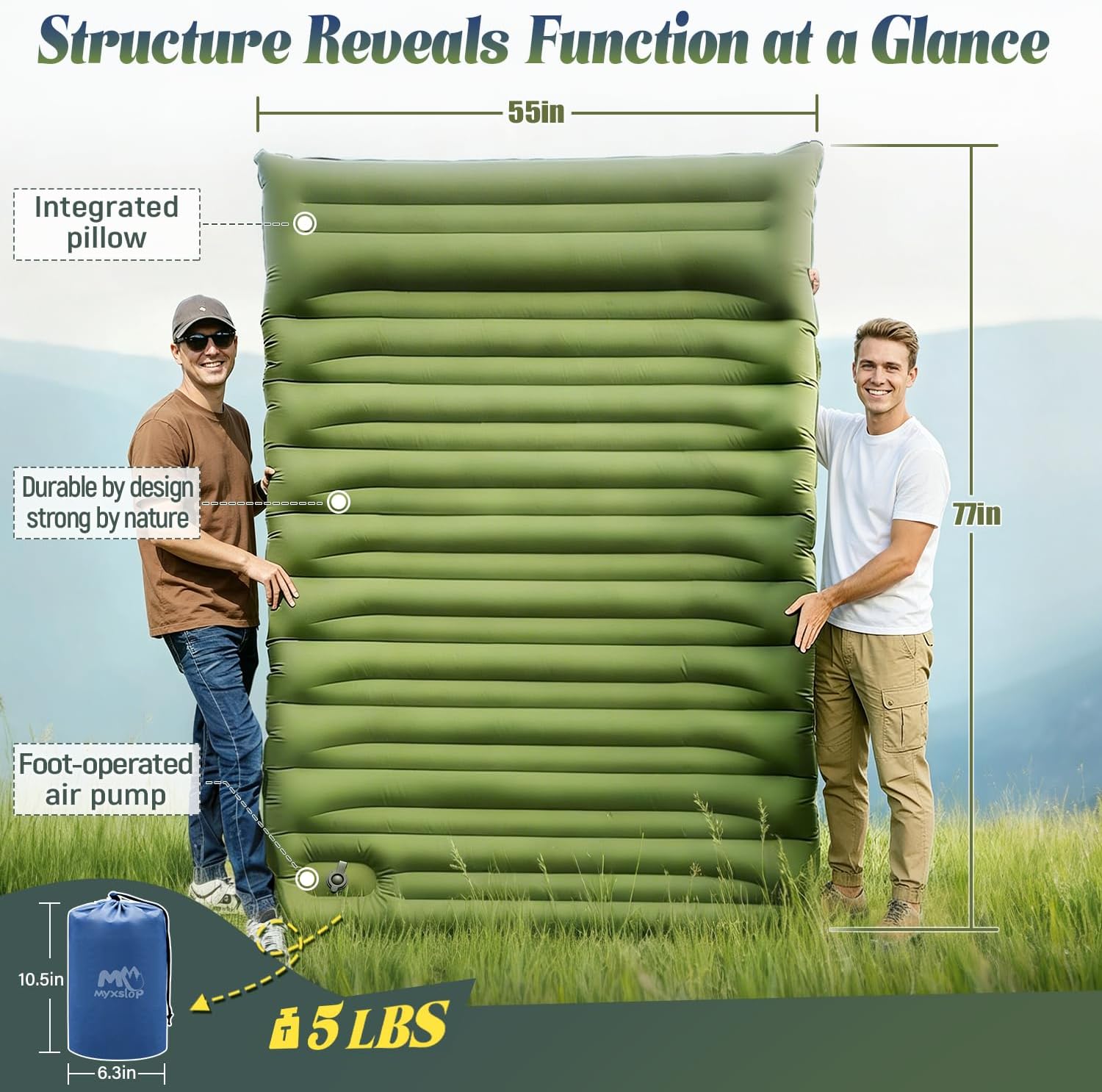 Double Sleeping Pad for Camping, 6" Extra-Thick Reinforced 2 Person Inflatable Camping Sleeping Pad, Inflatable Sleeping Mat with Built-in Foot Pump, for Tent, Backpacking, Hiking & Outdoor Gear