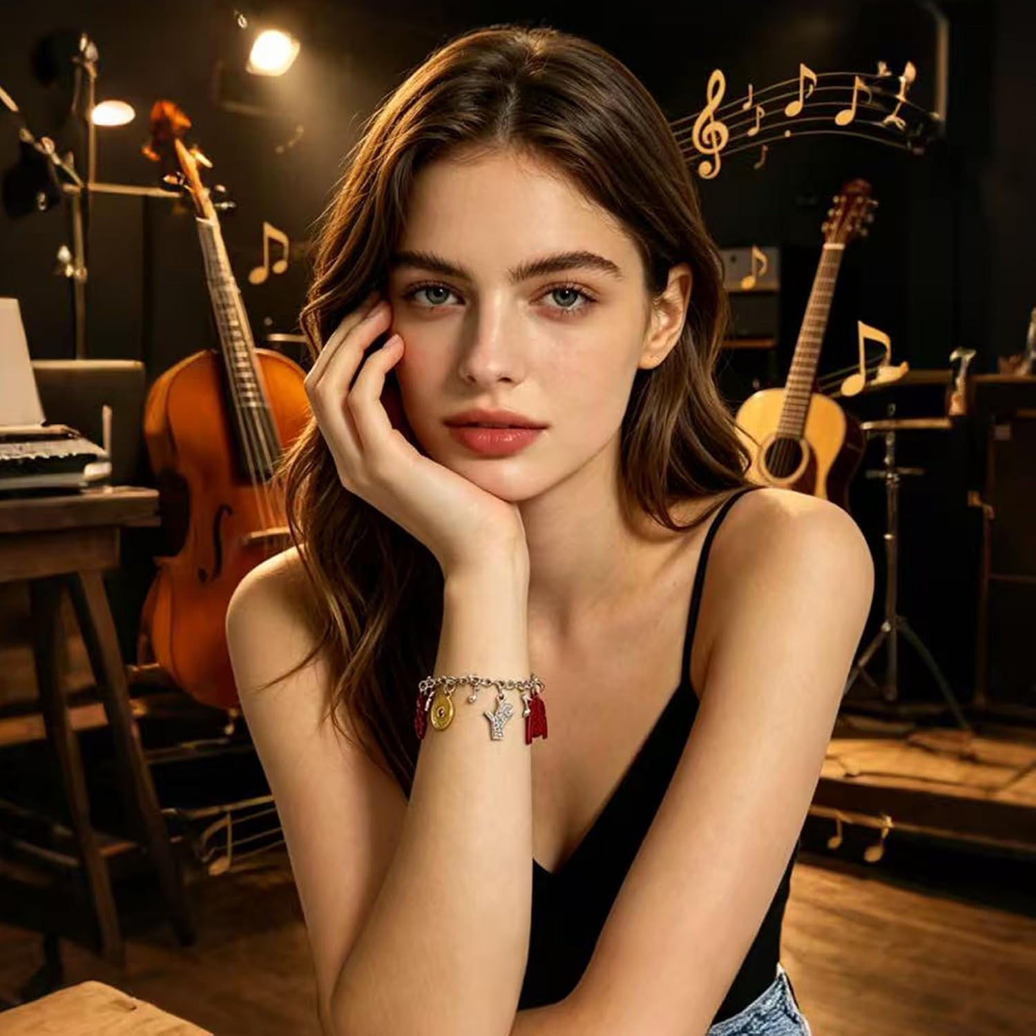 Music Icon Inspired Charm Bracelet, Chain with Crystal Hat, Glove, Red Jacket, Vinyl Record & Music Note Pendants, Memorial Jewelry Birthday Gift for Fans Women Men
