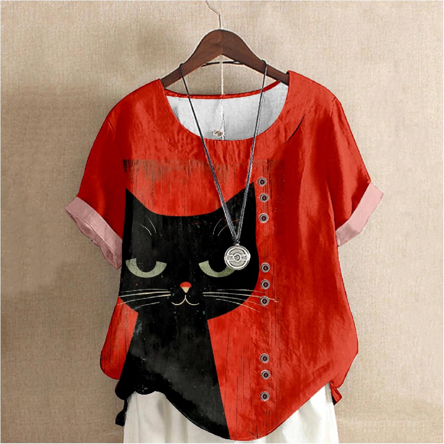 Cotton Linen Tops for Women Cute Cat Print Short Sleeve Crew Neck Summer Casual Boho Dressy Linen Blouses - Image 2