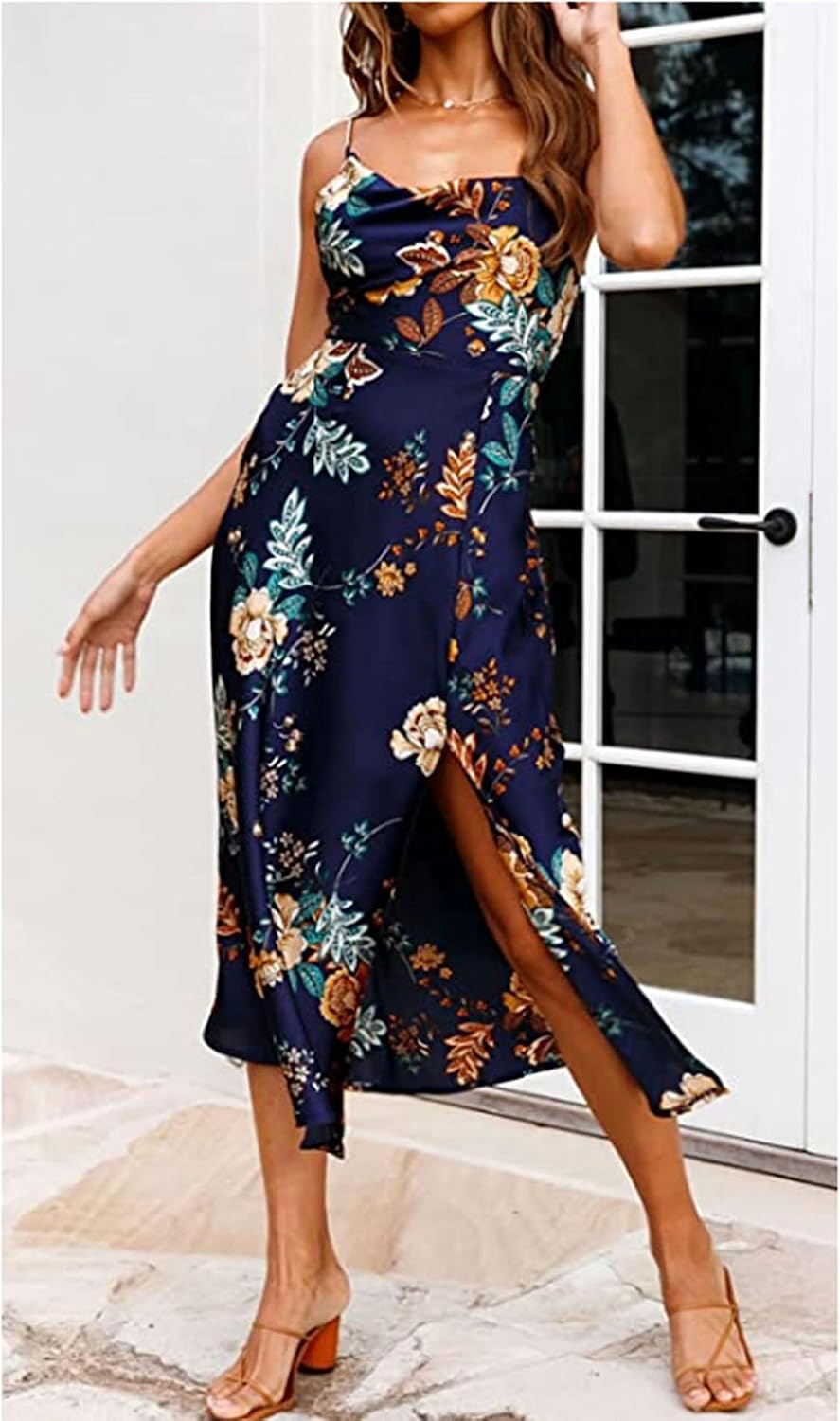 Tsher Women's Cowl Neck Spaghetti Strap Slit Satin Wedding Guest Party Dress Backless Midi Formal Dresses 0216 - Image 2