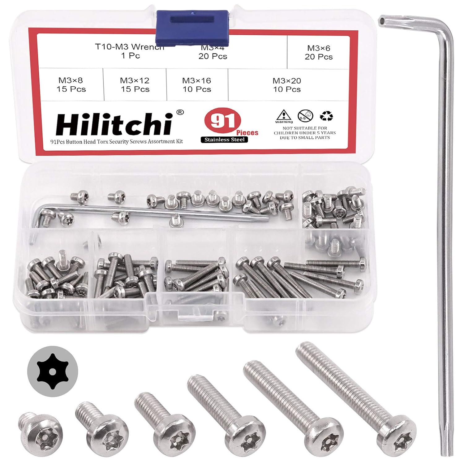 Hilitchi M6 Button Head Torx Security Screws Stainless Steel Tamper Proof Screws w T30 Bit (M6 Assortment Kit-70PCS)