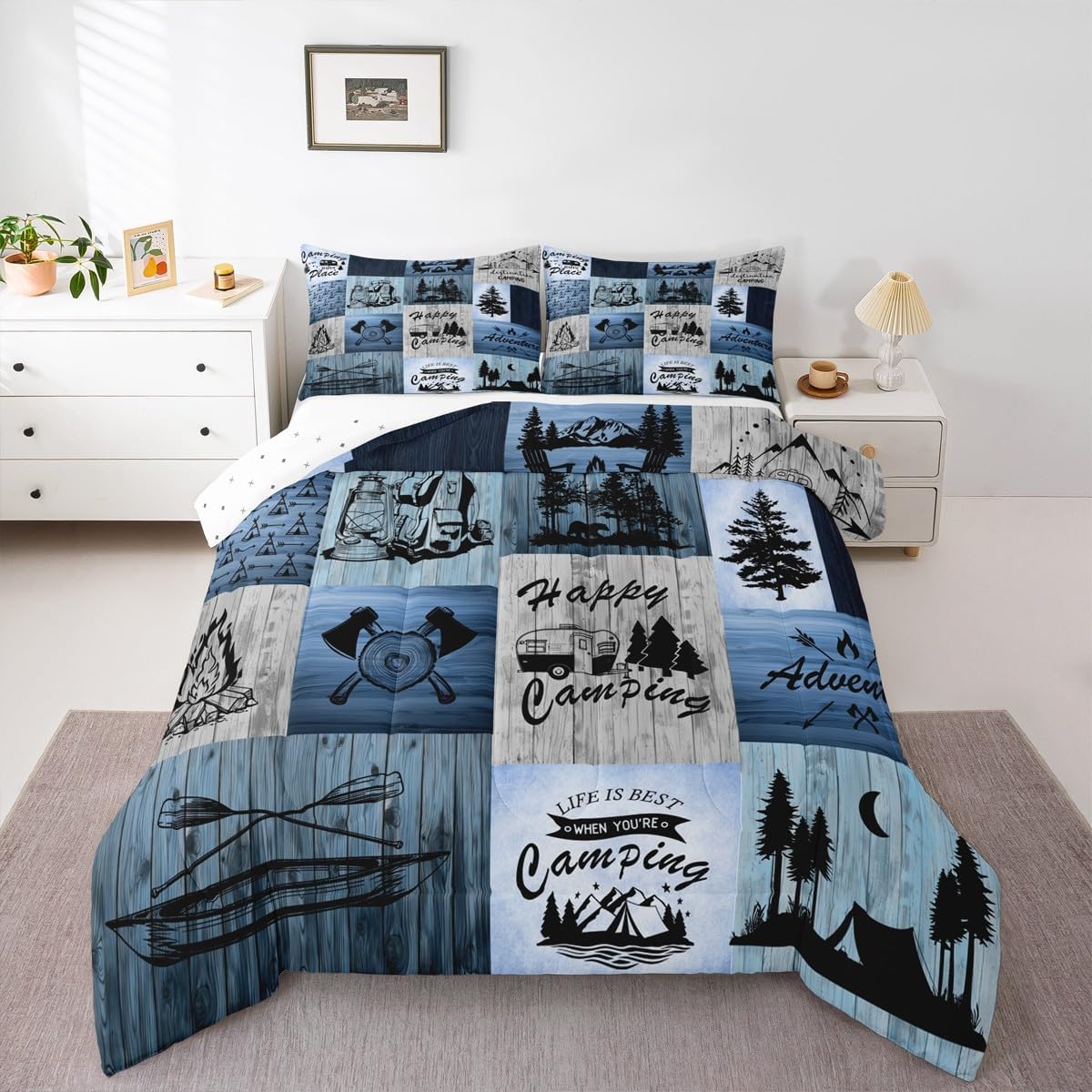 Happy Camping Comforter Set,Lake Boat Pine Tree Pattern Bedding Set 3Pcs,Vintage Rustic Farmhouse Quilt Set Black Blue Old Wood Patchwork Grid Duvet Insert Kids Boys Girls Adult Queen Size