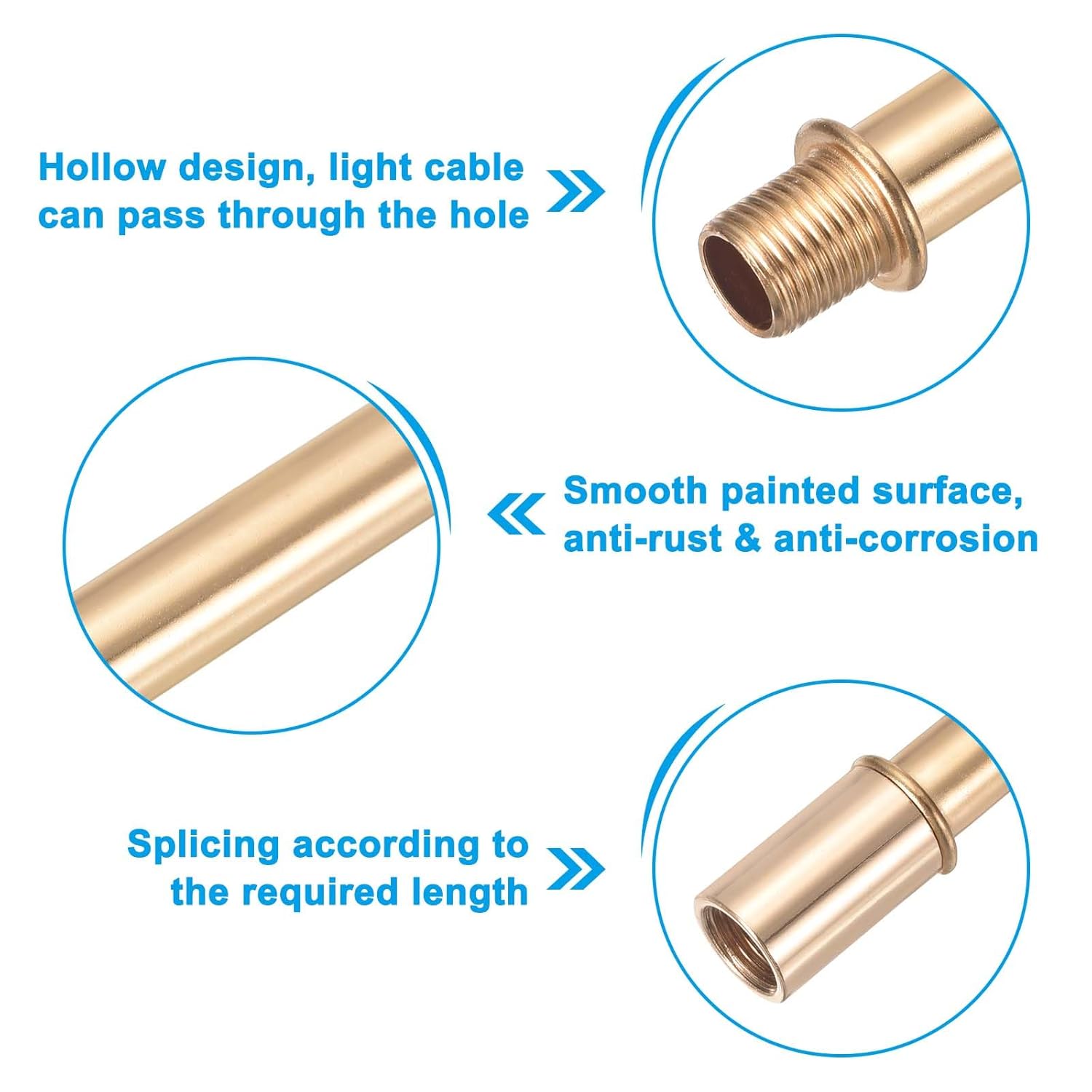 PATIKIL Straight Pipe Lamp Stems Rod Kit, 2 Set M10 Carbon Steel 200mm(7.87") Long Double End Thread Rod with Coupling Nuts Sleeve Connector for Table Lamps Chandeliers,Gold