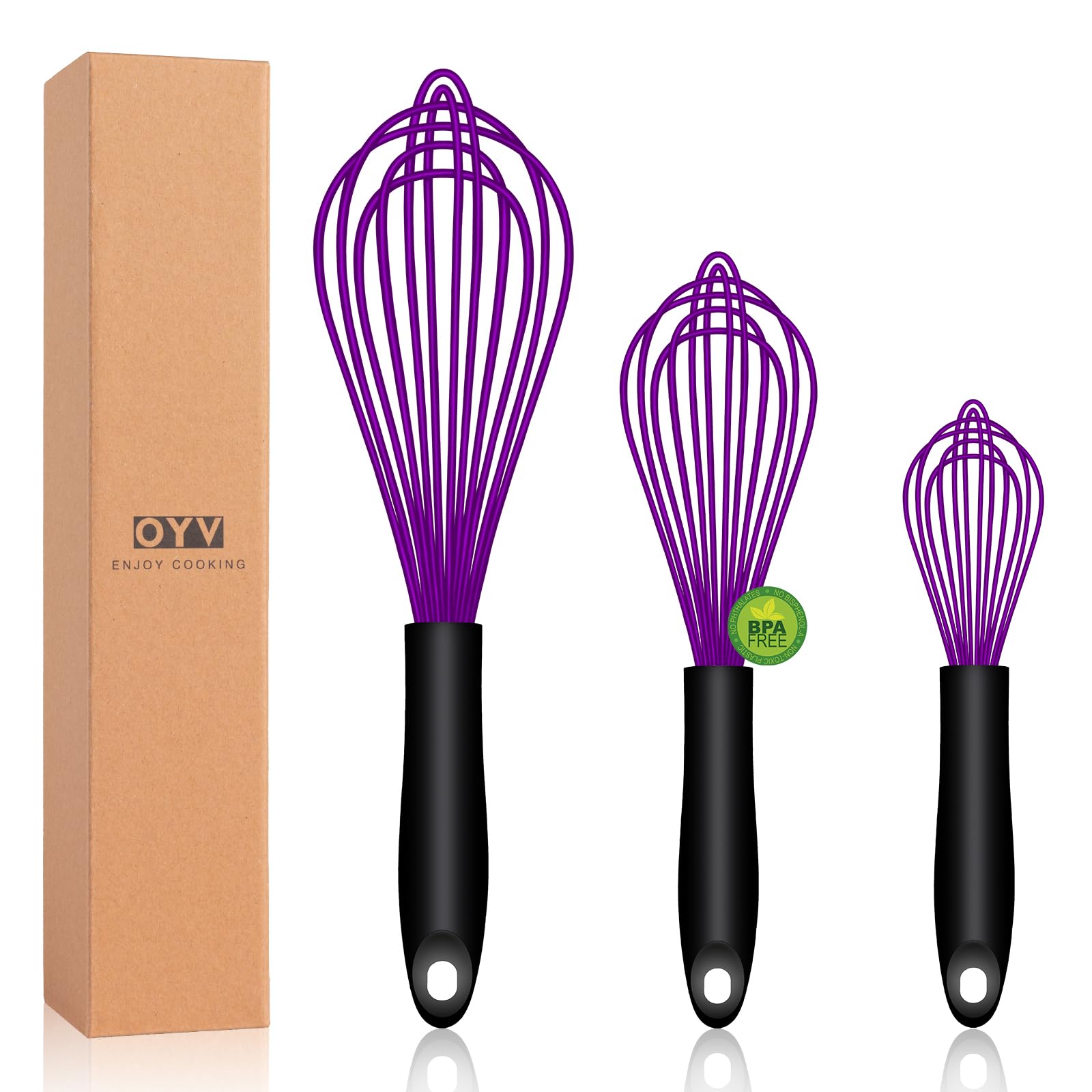 Dishwasher Safe Purple Silicone Whisk, Sealed Waterproof Design Set of 3, Professional Kitchen Whisks for Cooking Non-Scratch, Silicone & Stainless Steel Whisk, Heat Resistant Balloon Egg Beater