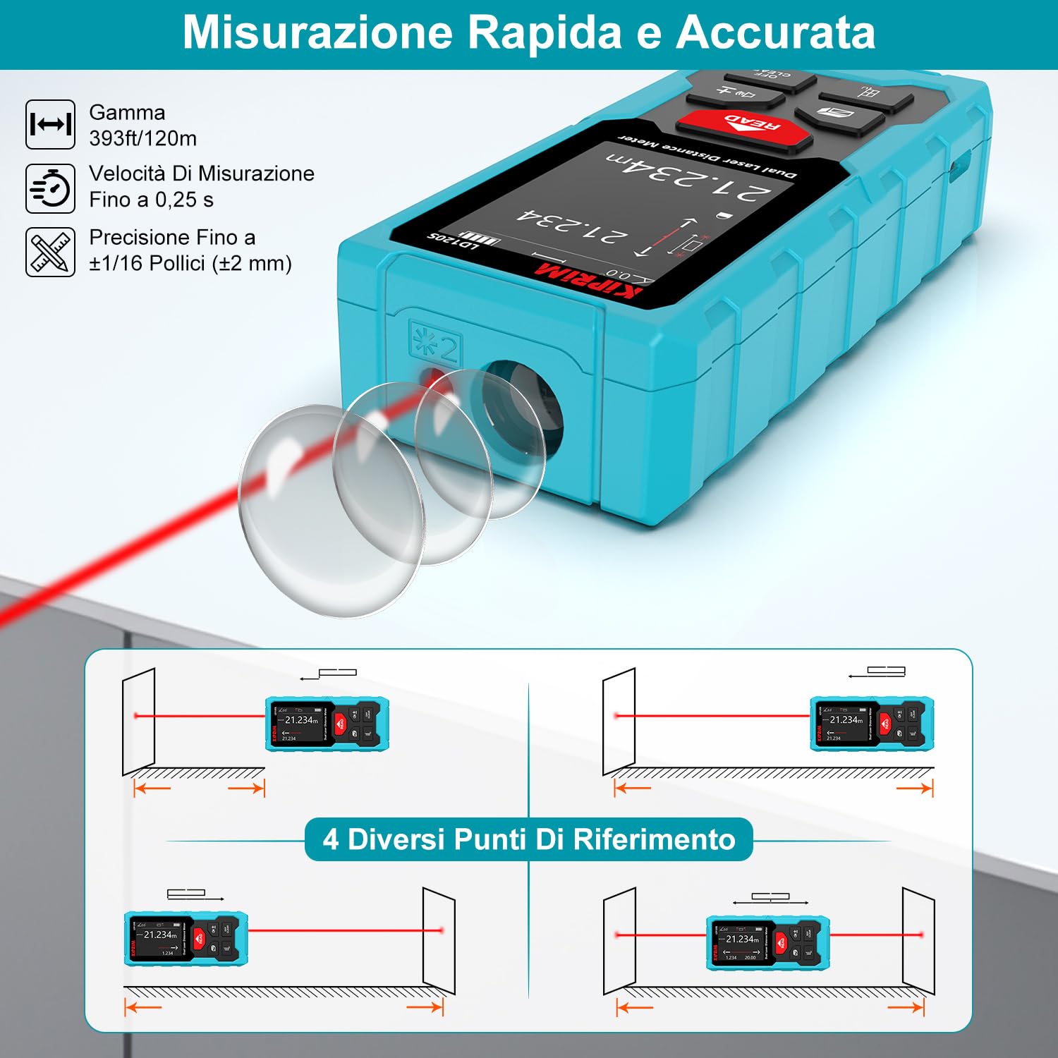 Kiprim Doppio Metro Laser 120M, Livella Elettronica, Misurazioni Precise e Funzione Pitagora - Ideale per Lavori di Costruzione, Bricolage e Ristrutturazione