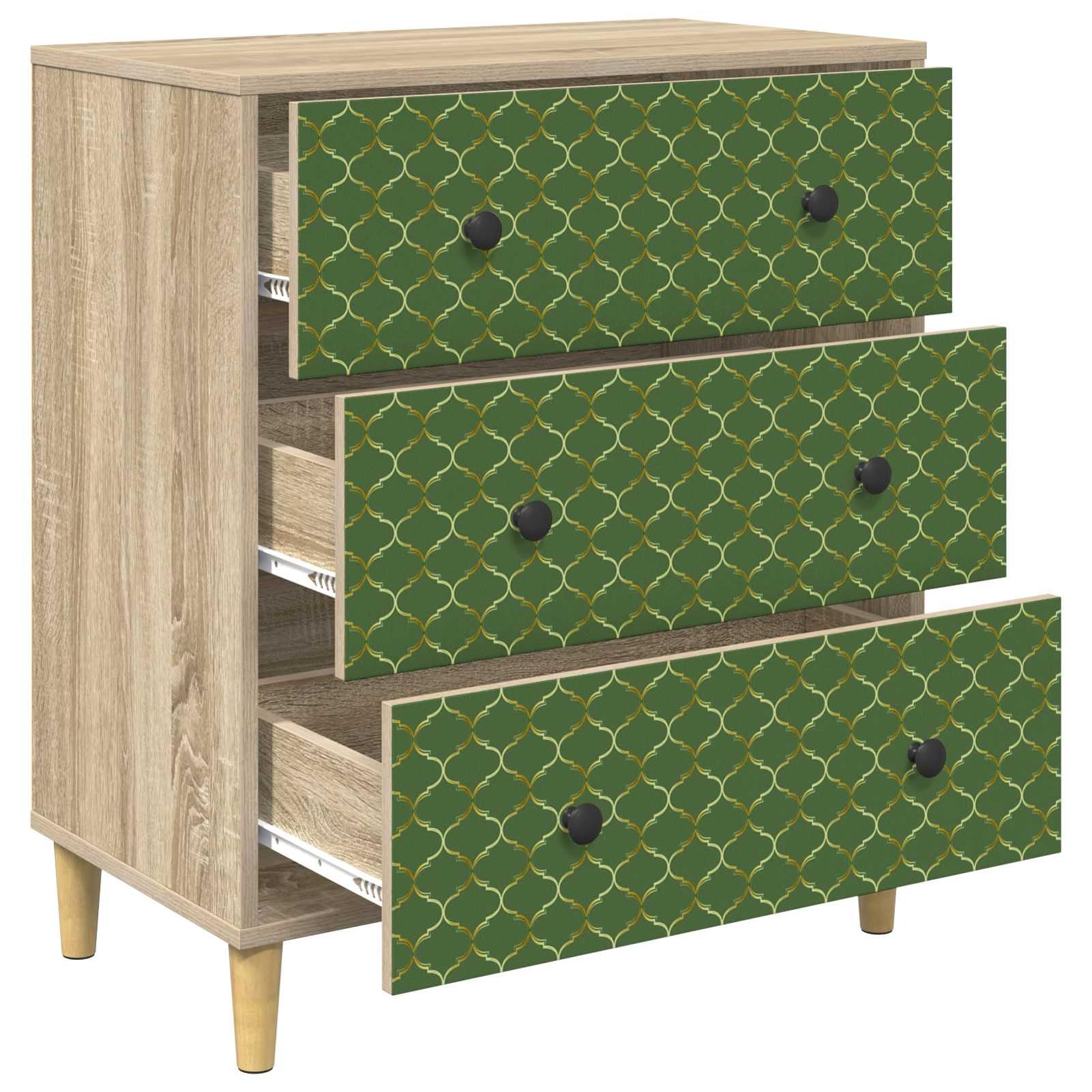 Homgoday Kommode GELEEN Smaragd geometrisches Muster 66 x 36,5 x 75 cm Holzwerkstoff Sonoma, 3 Schubladen, Stauraum, erhöhte Füße, für Schlafzimmer, Wohnzimmer 8007351