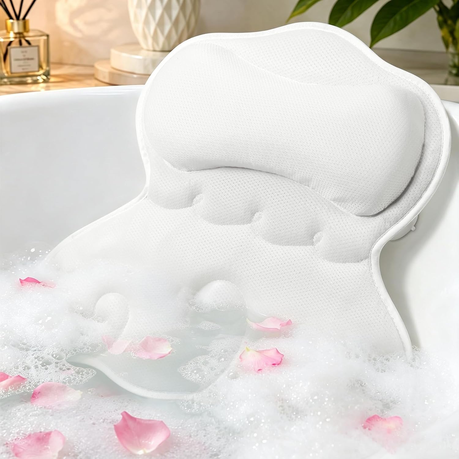 SetSail Bathtub Pillow, Relaxing Ergonomic Bath Pillows for Tub with 6 Strong Suction Cups, Bath Pillow for Neck and Back Support Soft 4D Breathable Air Mesh, Luxury Bathroom Accessories, White