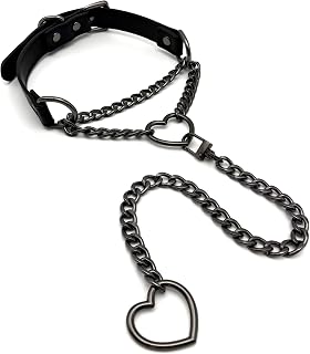 Heart O-Ring Slip Chain Choker Collar Necklace for Women, Adjustable Vegan Leather Punk Necklace with Swivel Clasp & Heart Charm