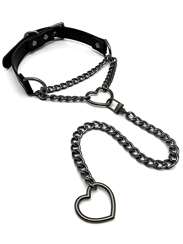 EverGlimp Heart O-Ring Slip Chain Choker Collar Necklace for Women, Adjustable Vegan Leather Punk Necklace with Swivel Clasp & Heart Charm - Black-Black-Black