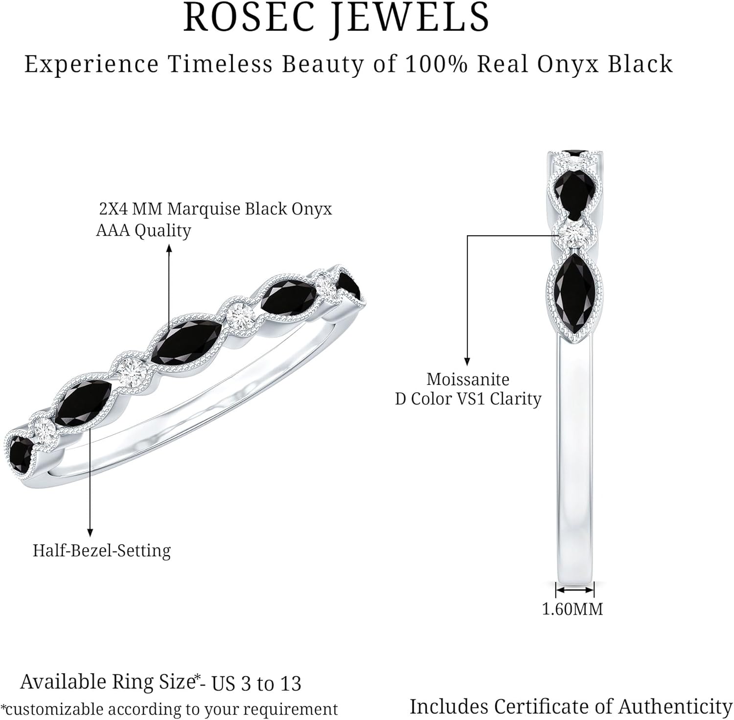 Real Black Onyx Eternity Wedding Band in Silver, AAA Quality, Certified Onyx Promise Ring - Gift For Special Occasions