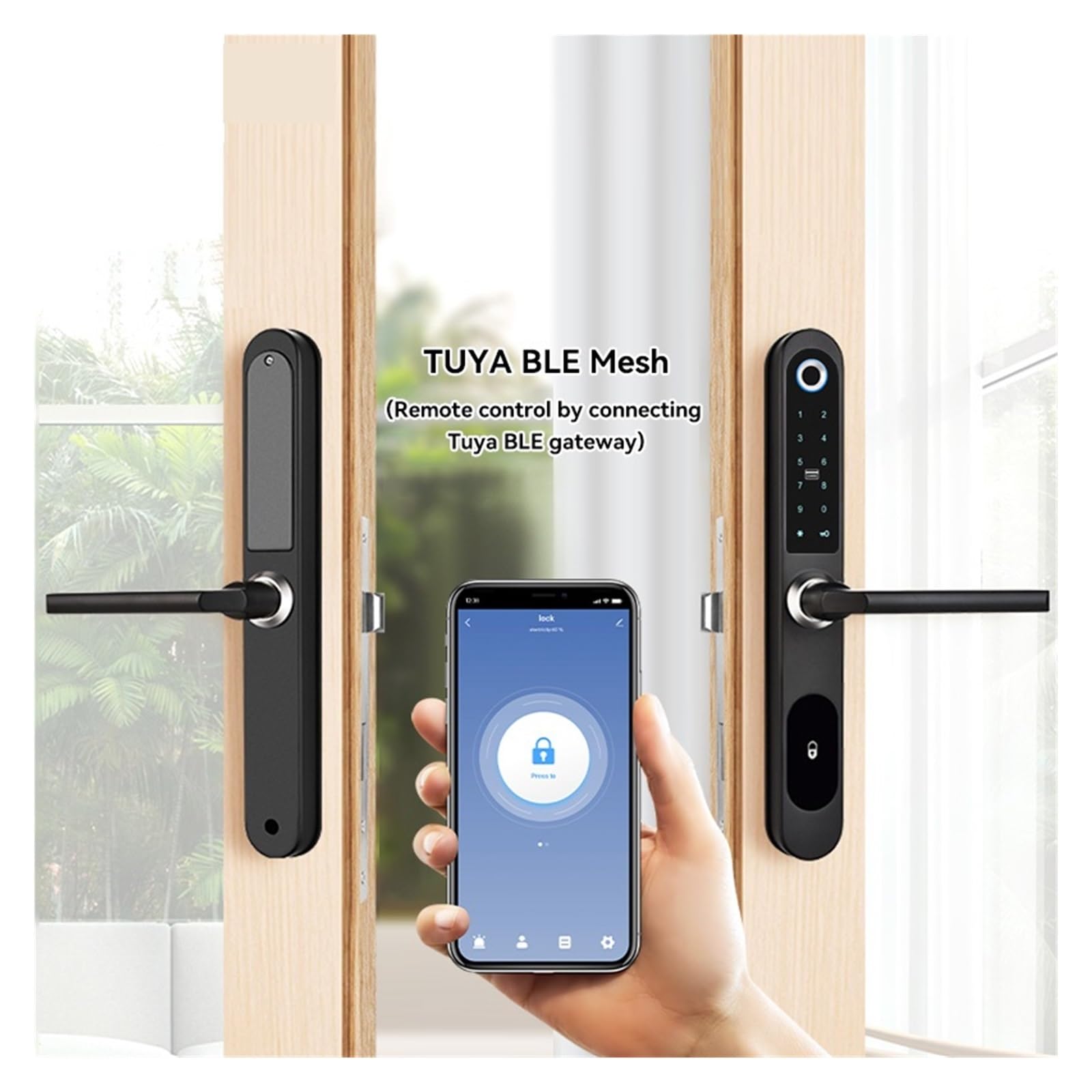 Aluminium Terrasse Glasschiebetür Smart Lock Tuya App Griff Tastatur FingerabdruckElektronisches Schloss Mit Doppelhaken Einsteckschloss Einfache Hohe Sicherheit(Round-01,22270 3585 Hook)