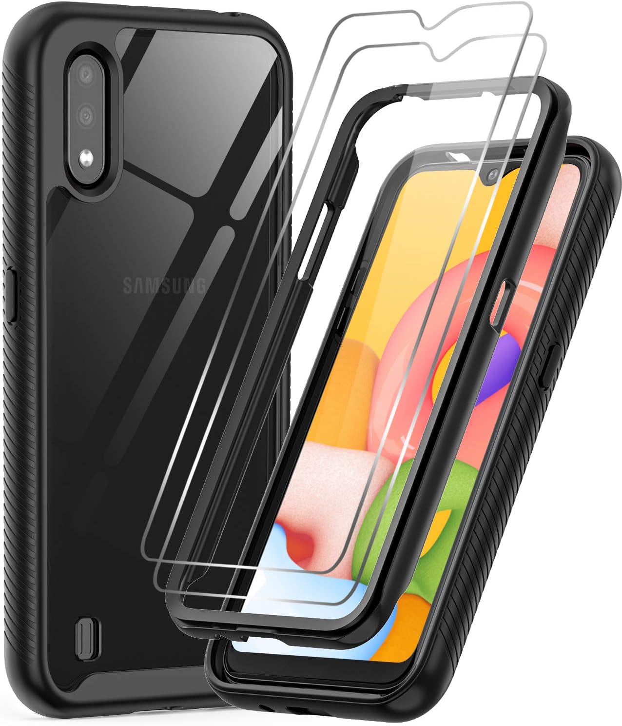 LeYi Compatible with Samsung Galaxy A01 Case, Samsung A01 Case with Tempered Glass Screen Protector [2 Pack], Full-Body Rugged Hybrid Bumper Shockproof Clear Phone Cover Cases for Galaxy A01 Black