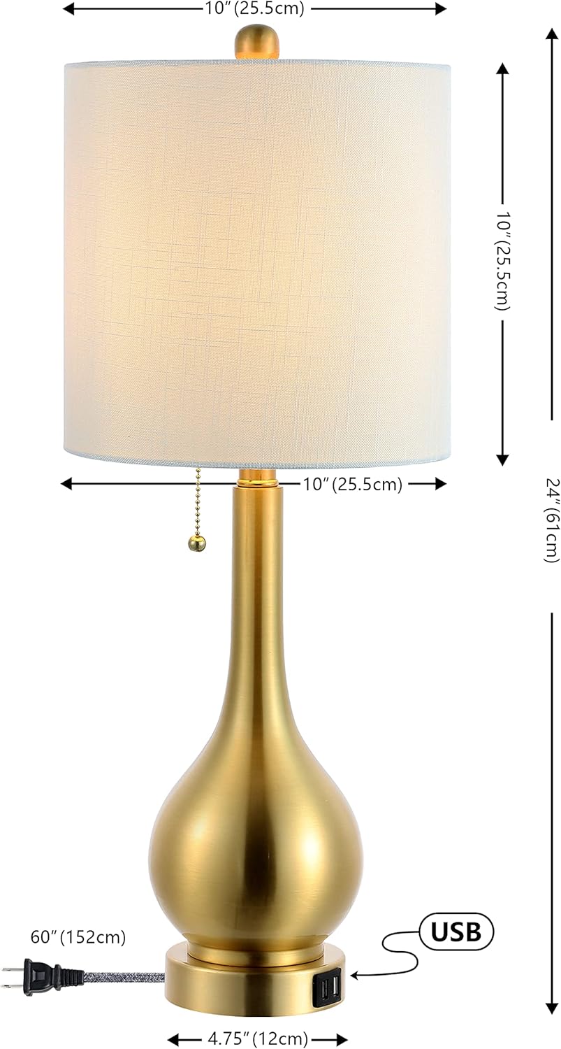 JONATHAN Y 24" Brass Gold Modern Gourd Table Lamp Set of 2, Tyler LED Bedside Lamps with Dual USB Ports, Pull Chain, White Linen Shade for Living Room Bedroom (JYL1127C-SET2)